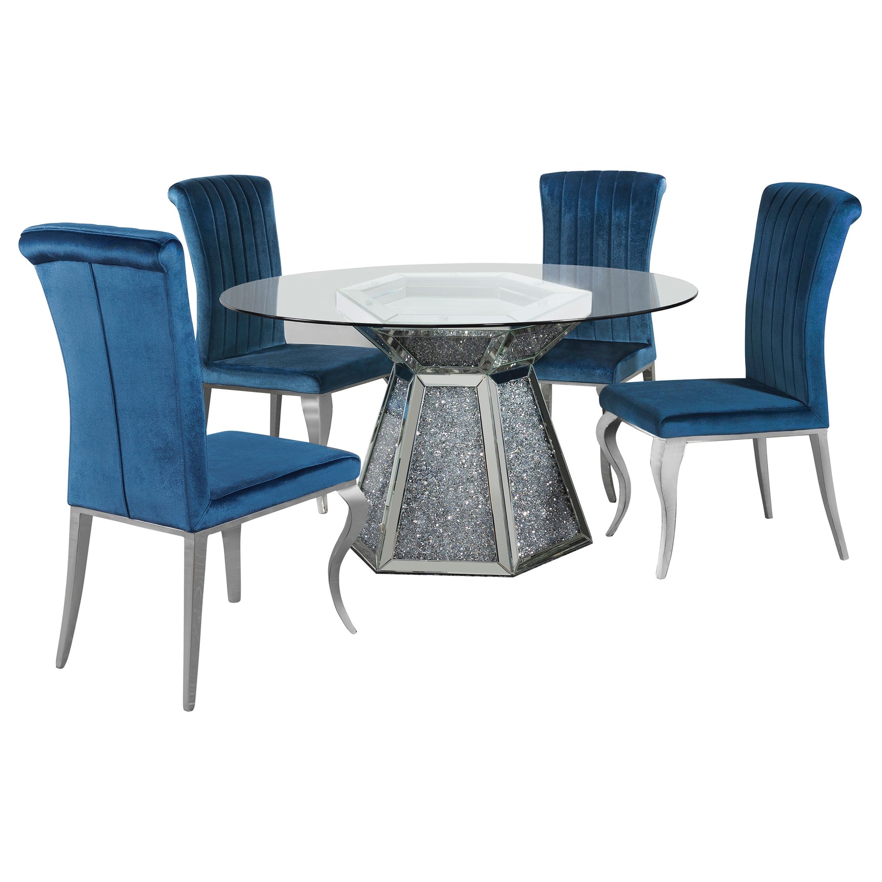 Quinn Teal Round Glass Top Mirrored Dining Room Set