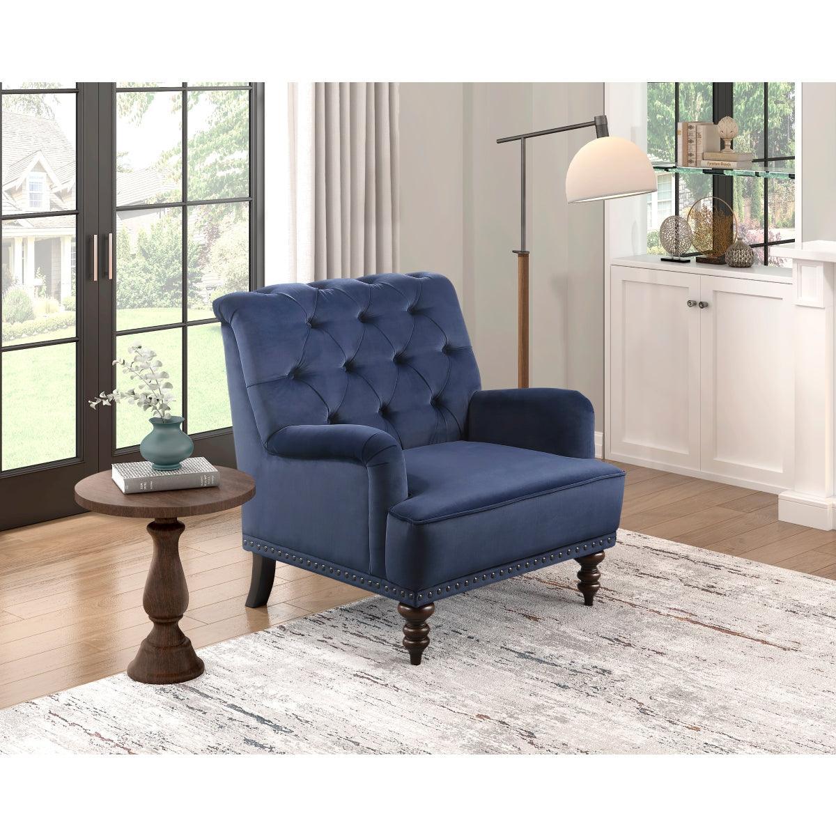 Holland Park Dark Blue Solid Wood And Plywood Velvet Fabric Upholstery Tufted Accent Chair - Ella Furniture