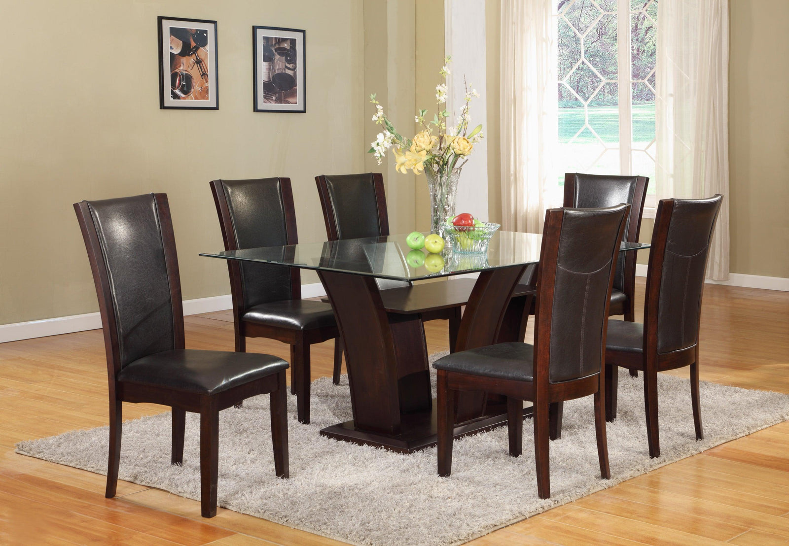 Camelia Brown-Espresso Faux Leather Round Glass-top Dining Room Set - Ella Furniture