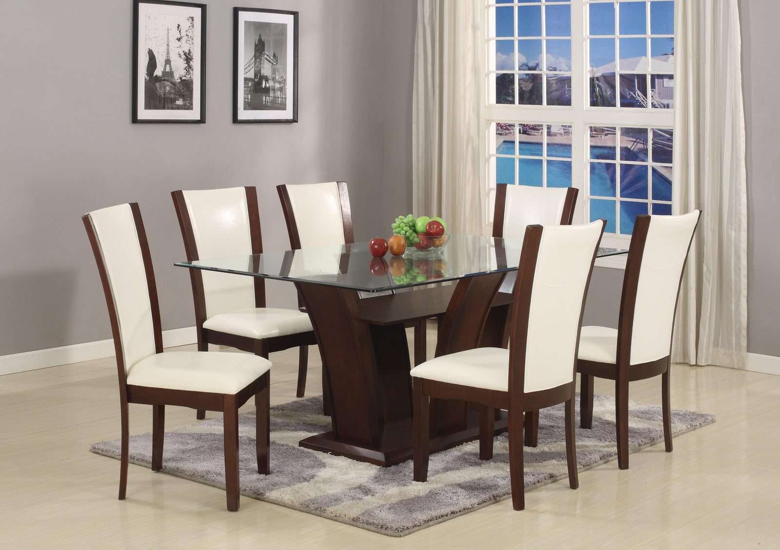 Camelia Brown-White Faux Leather Round Glass-top Dining Room Set - Ella Furniture