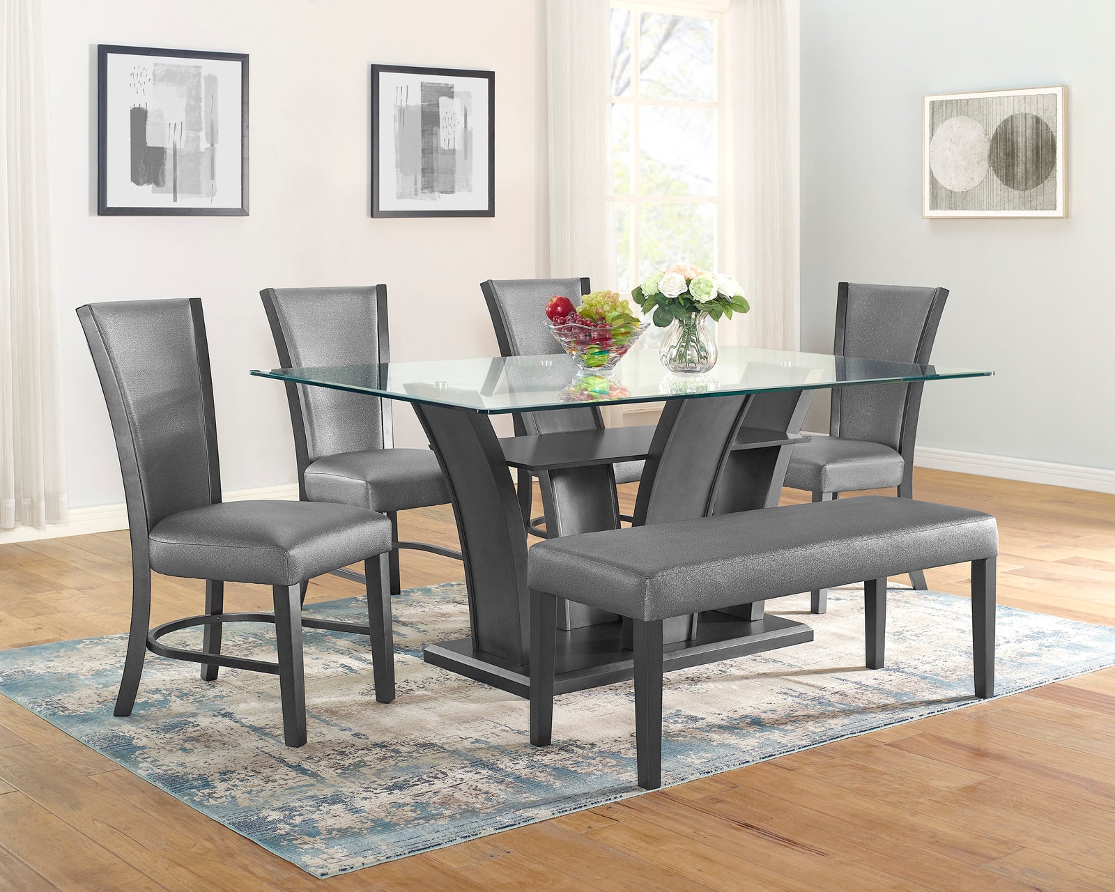 Camelia Gray Modern Solid Wood Glass Faux Leather Dining Room Set