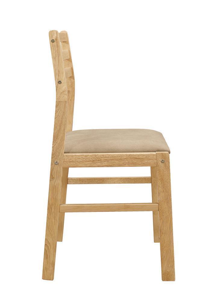 Natural Finish Round Dining Table with 2 Tan Microfiber Ladder-Back Chairs - 3 Piece Set
