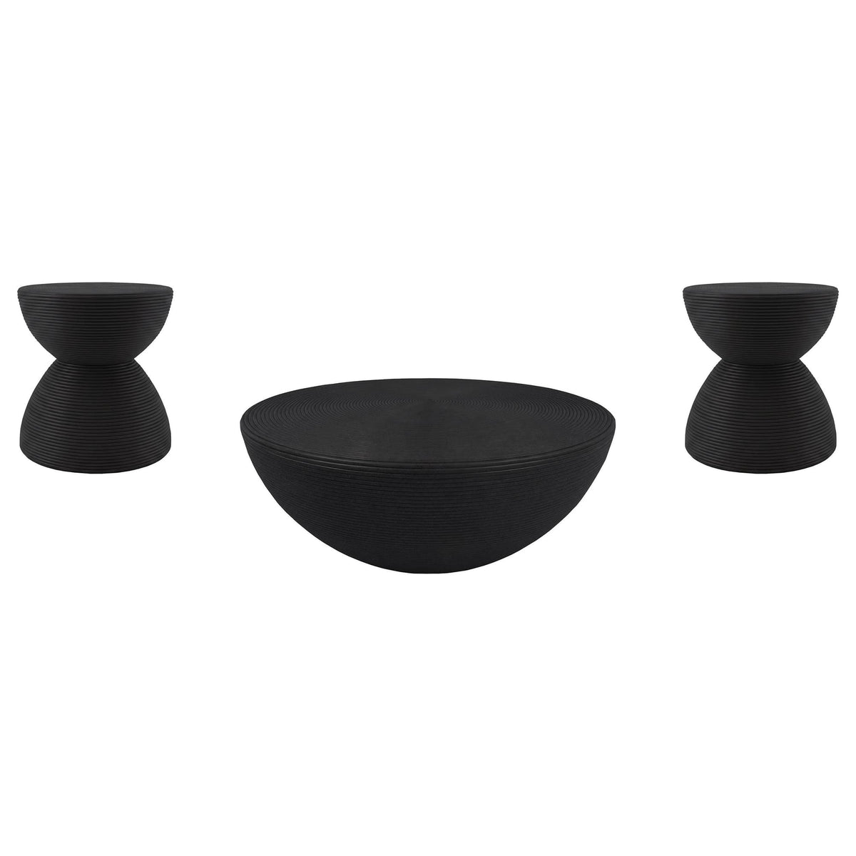 Macedo 3-Piece Transitional Round Rattan Coffee and End Table Set Black — product image 2