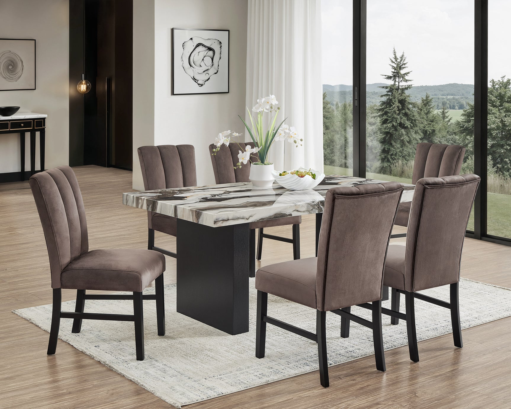 Vega Brown Black Faux Marble Dining Room Set