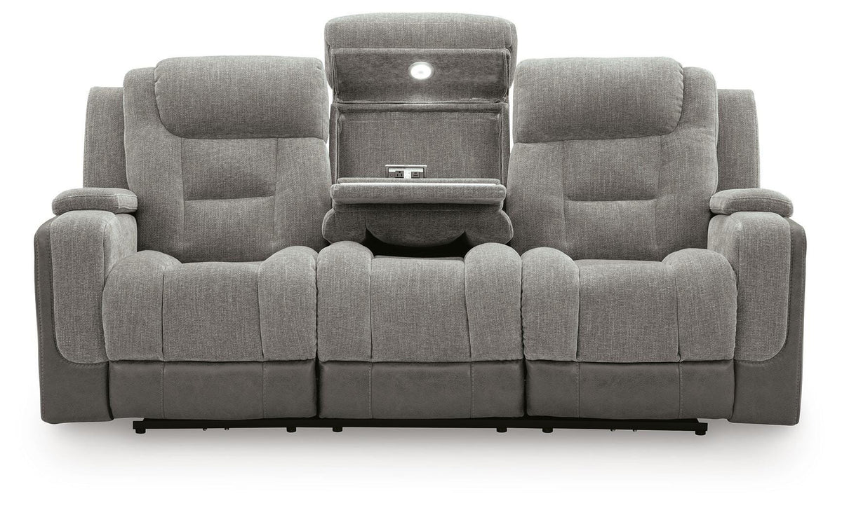 Mixed Motion Shadow Chenille / Faux Leather Power Reclining Sofa — front view