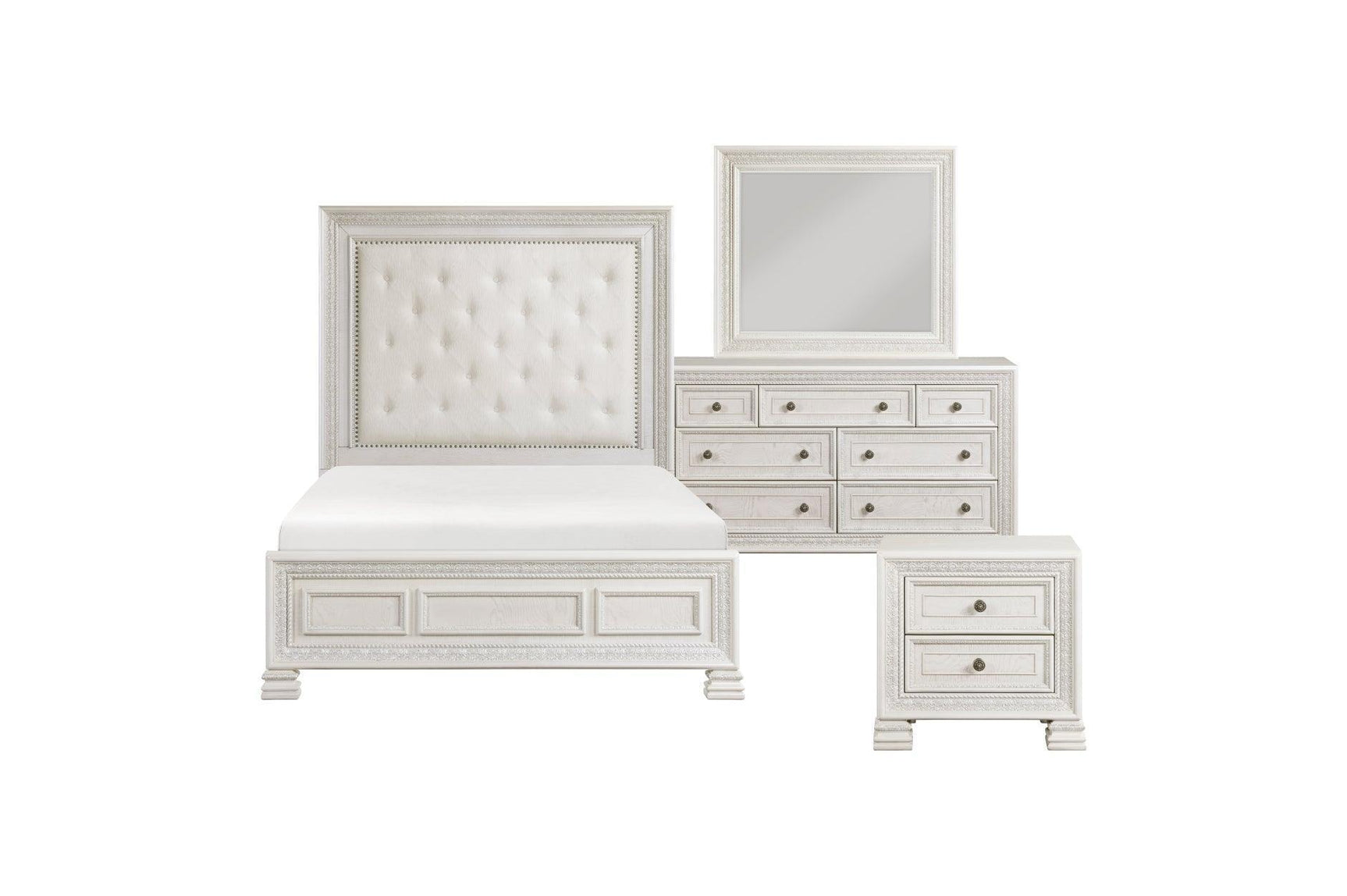 Theodora Pearl White Upholstered Tufted Panel Bedroom Set