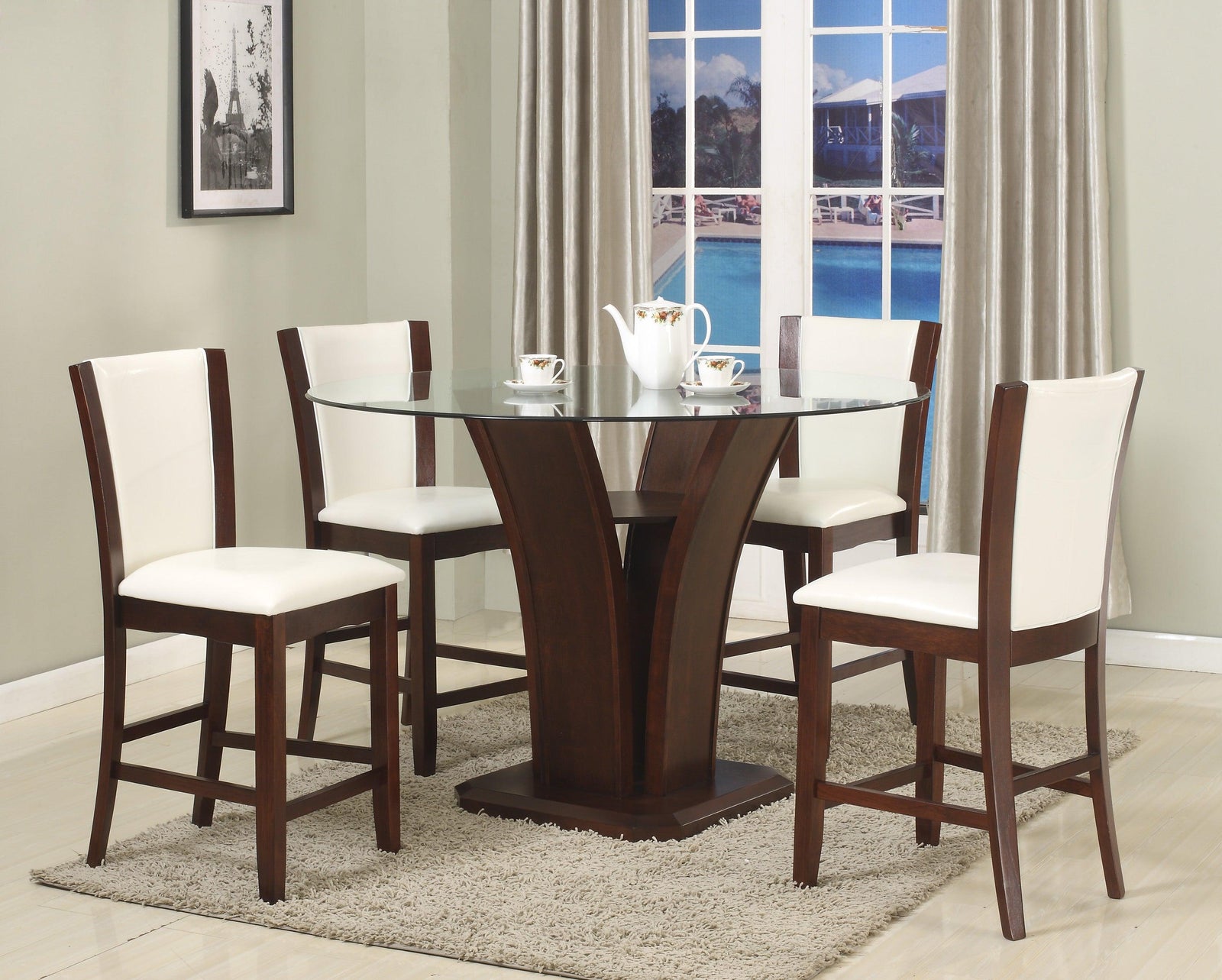 Camelia White/espresso Faux Leather Round Glass-top Counter Height Dining Room Set - Ella Furniture