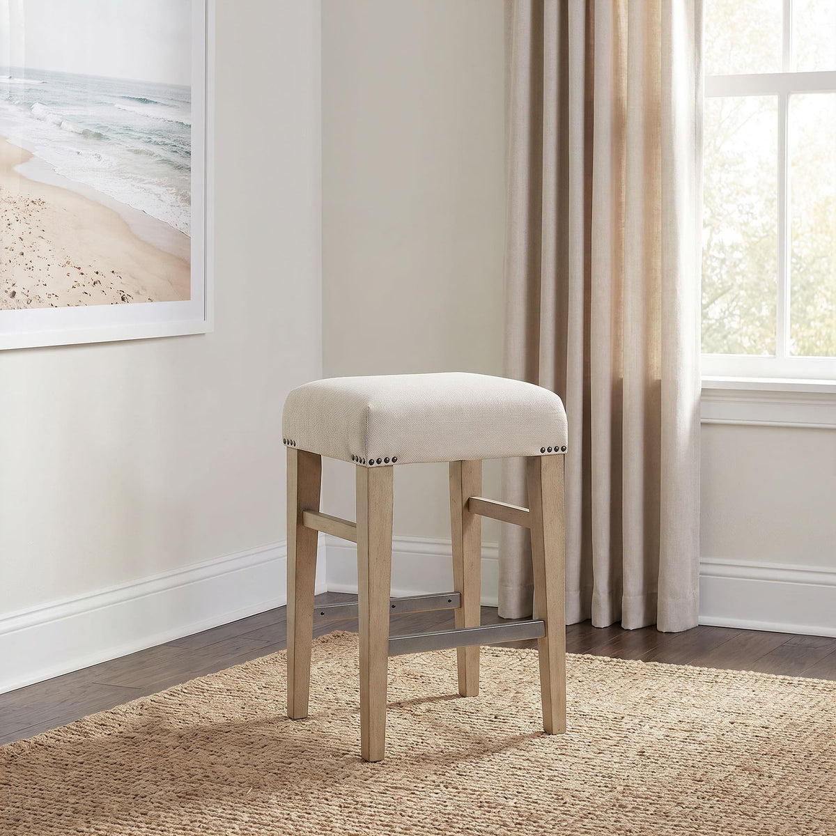 Naser Beige Upholstered Counter Stool Light Oak Set of 2 — product image 2