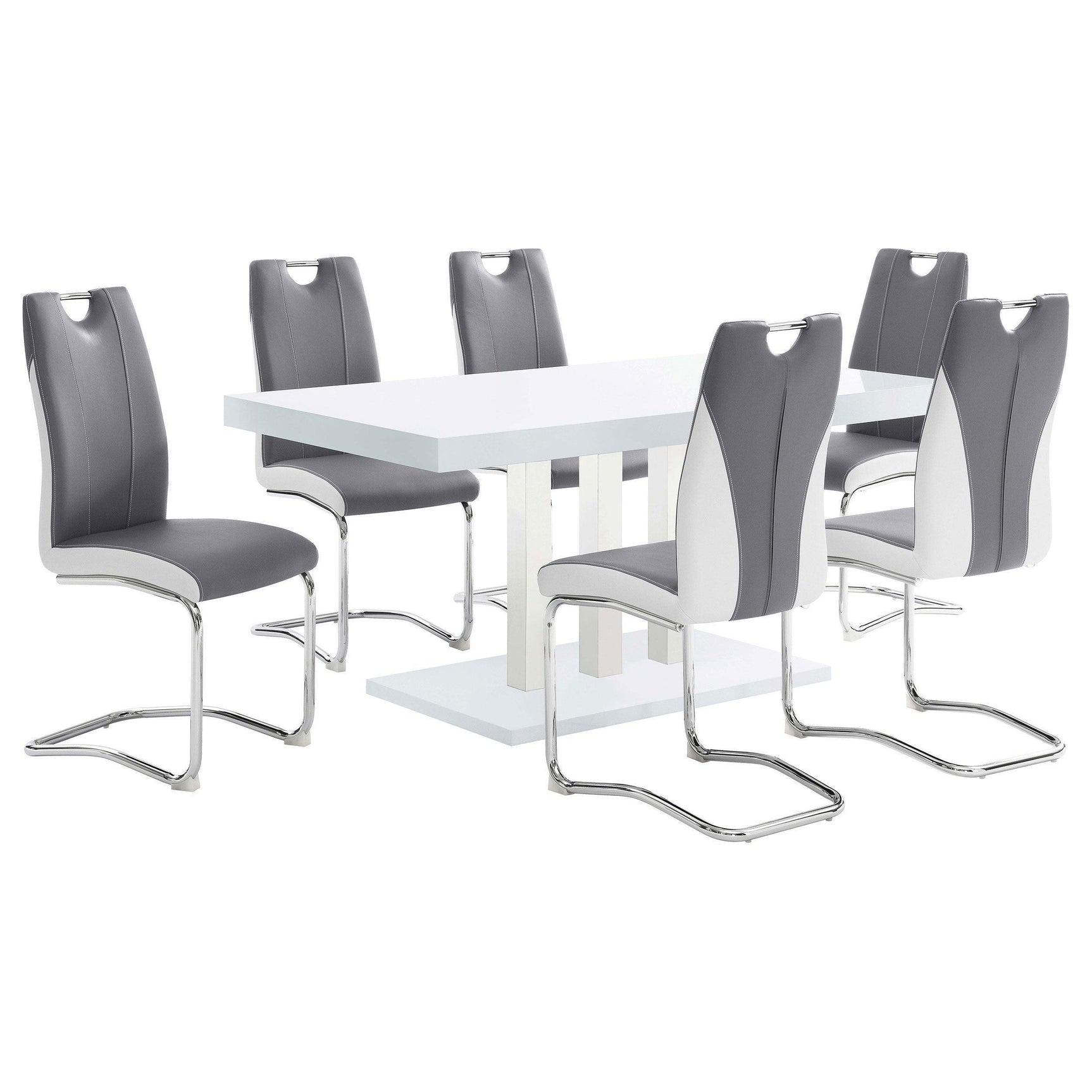 Brooklyn White High Gloss Dining Table with Chrome Base and Upholstered Chairs
