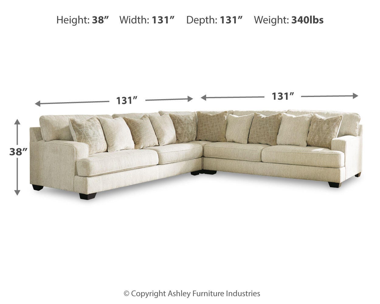 Rawcliffe Parchment Chenille 5-Piece Sectional dimension view