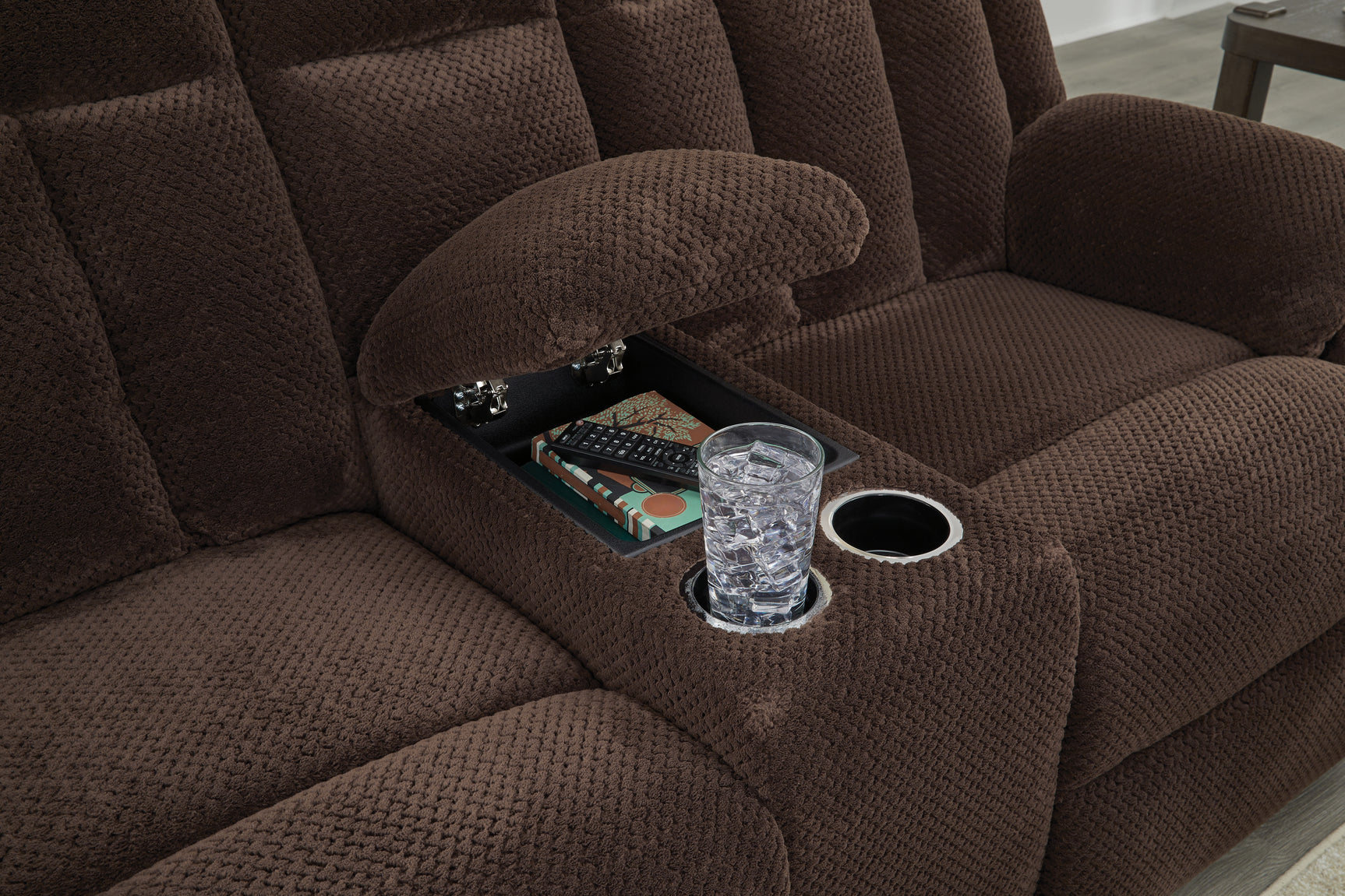 Observation Chocolate Velvet Power Reclining Loveseat with Console