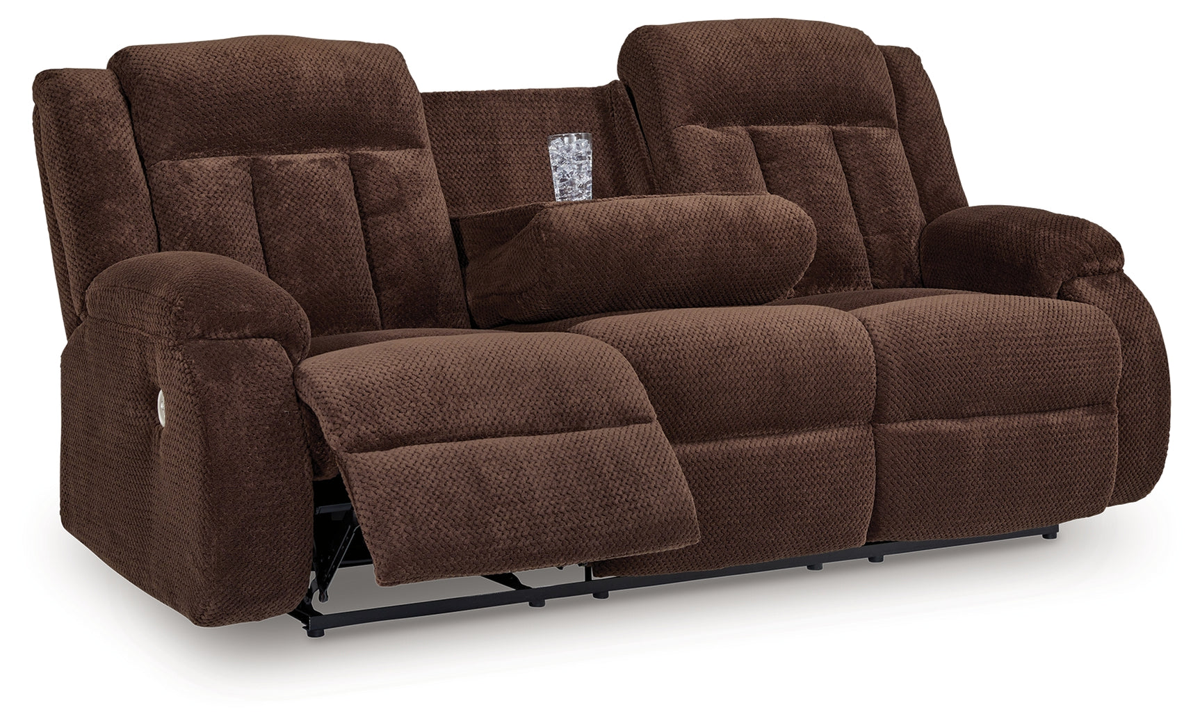 Observation Chocolate Velvet Power Reclining Sofa with Drop Down Table