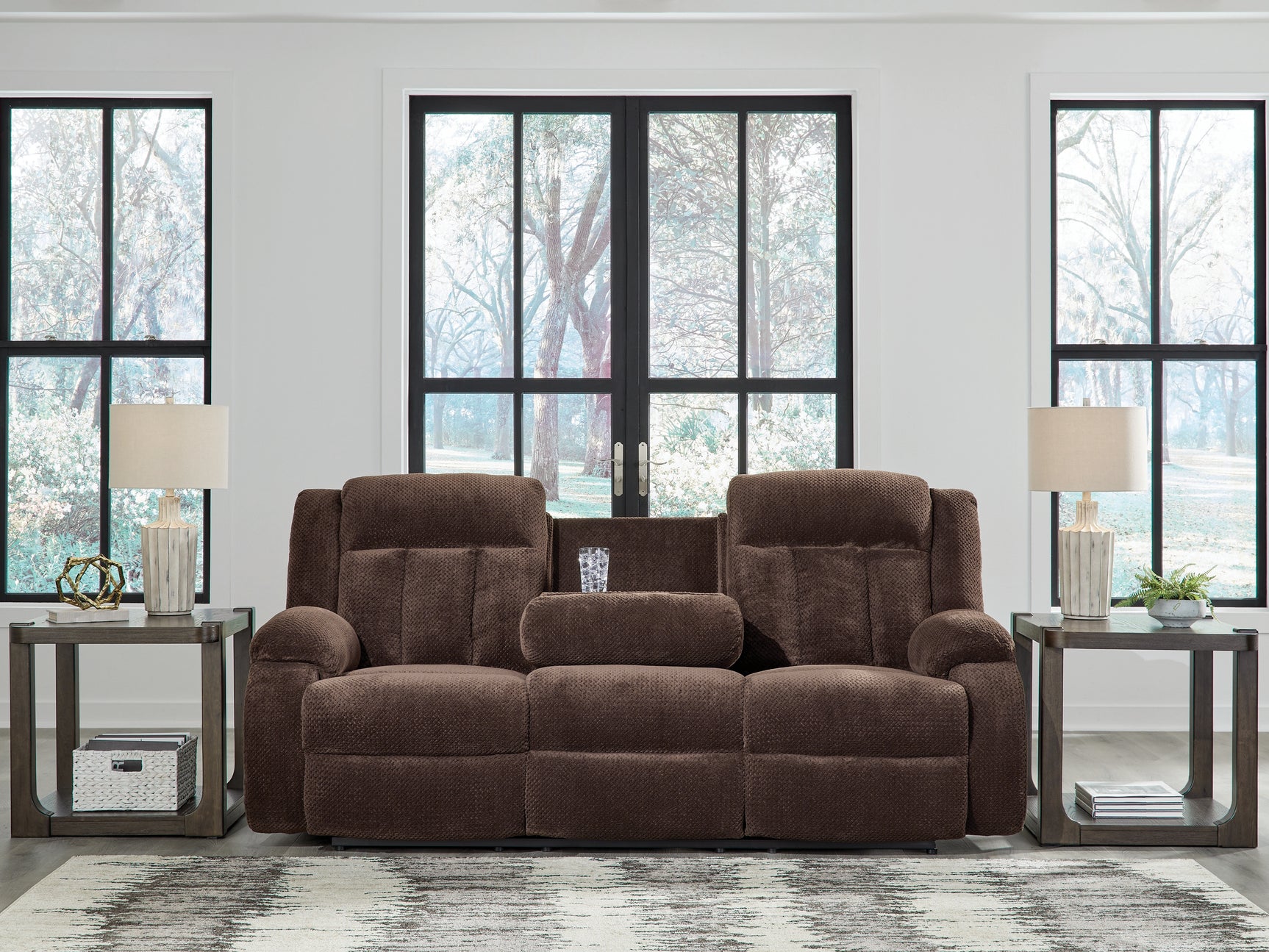 Observation Chocolate Velvet Power Reclining Sofa with Drop Down Table