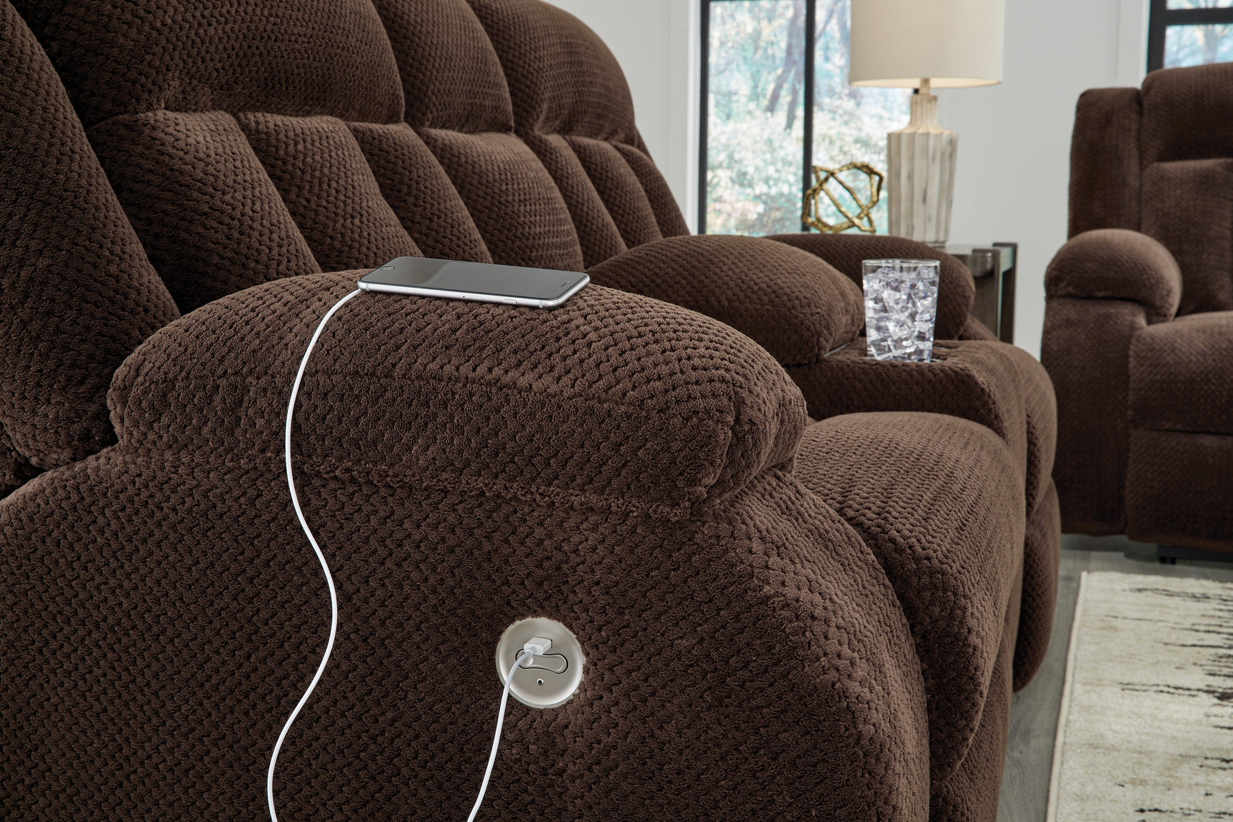 Observation Chocolate Velvet Power Reclining Loveseat with Console