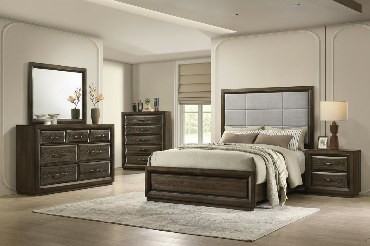 Atlas 63-inch Queen Upholstered Panel Bed Grey and Dark Oak