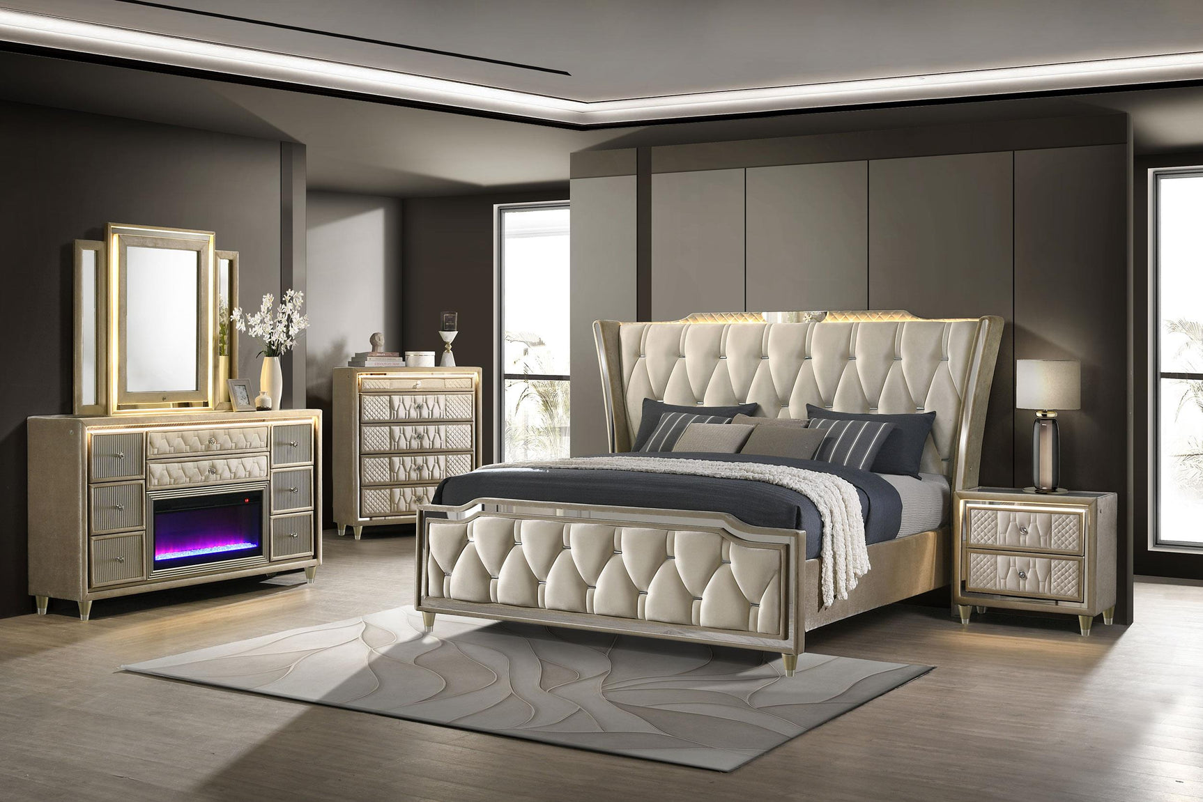 Lorient 8-drawer LED Bedroom Flame Box Dresser Ivory Camel