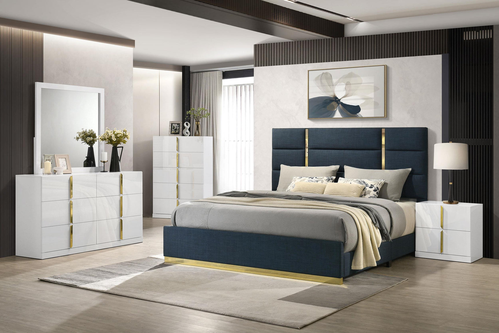 Ines 52-inch Fabric Upholstered Eastern King Panel Bed Navy