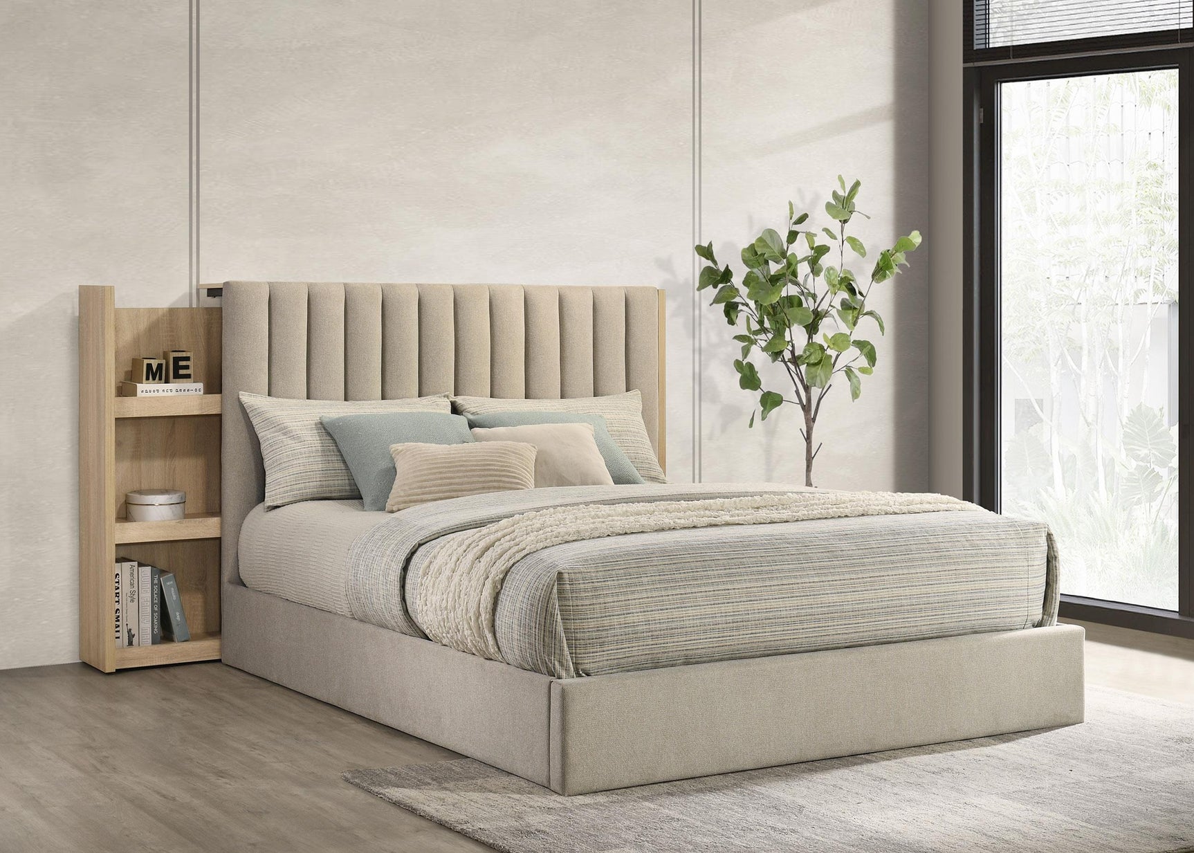 Arielle Eastern King Bookcase Panel Storage Bed Light Oak
