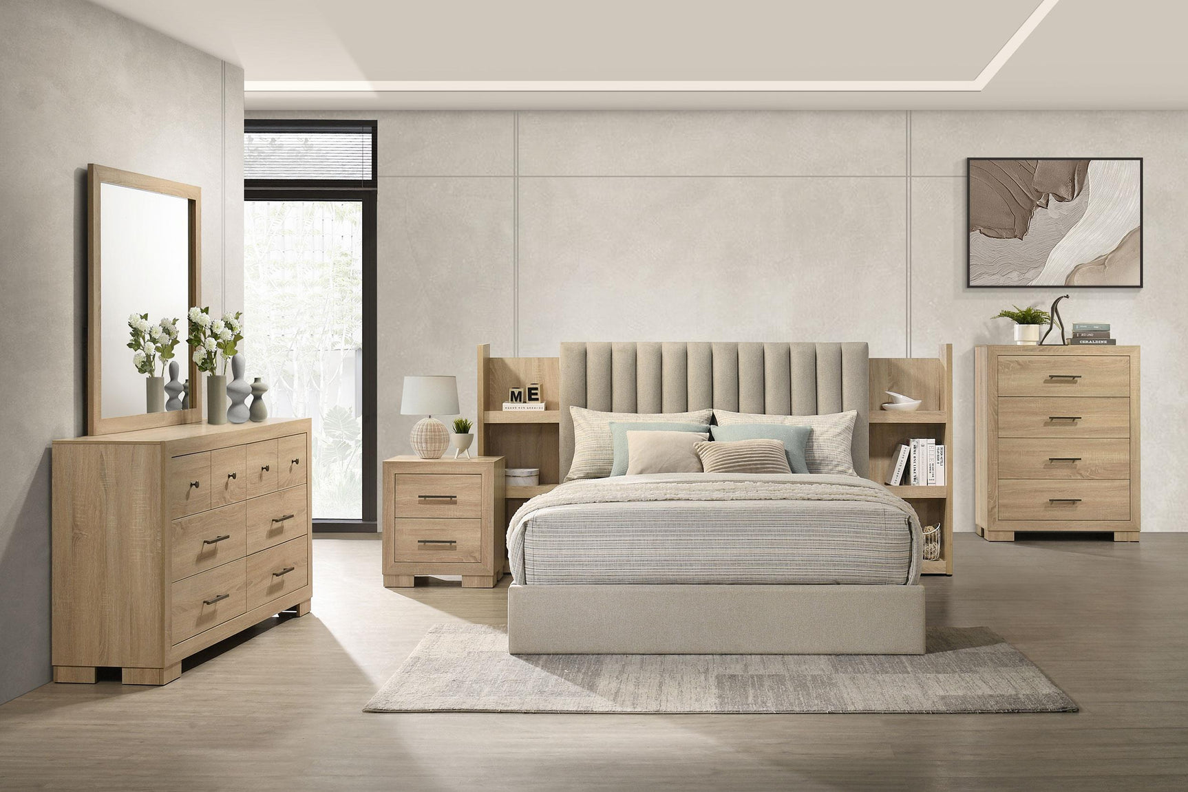 Arielle Queen Bookcase Panel Storage Bed Light Oak