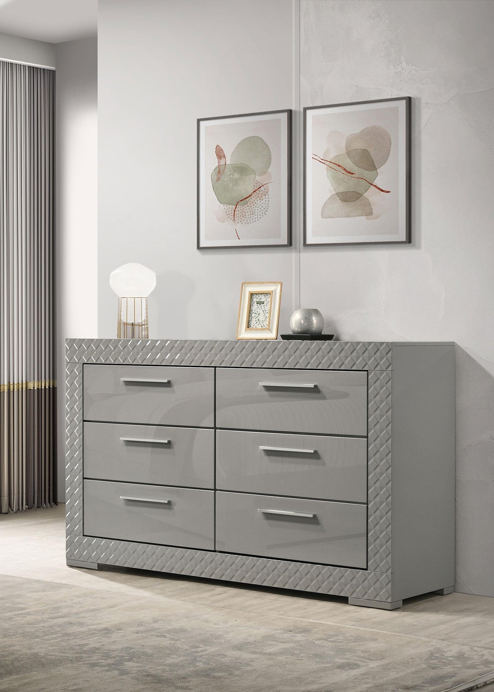 Ives 6 Drawer Dresser Cabinet Gray High Gloss