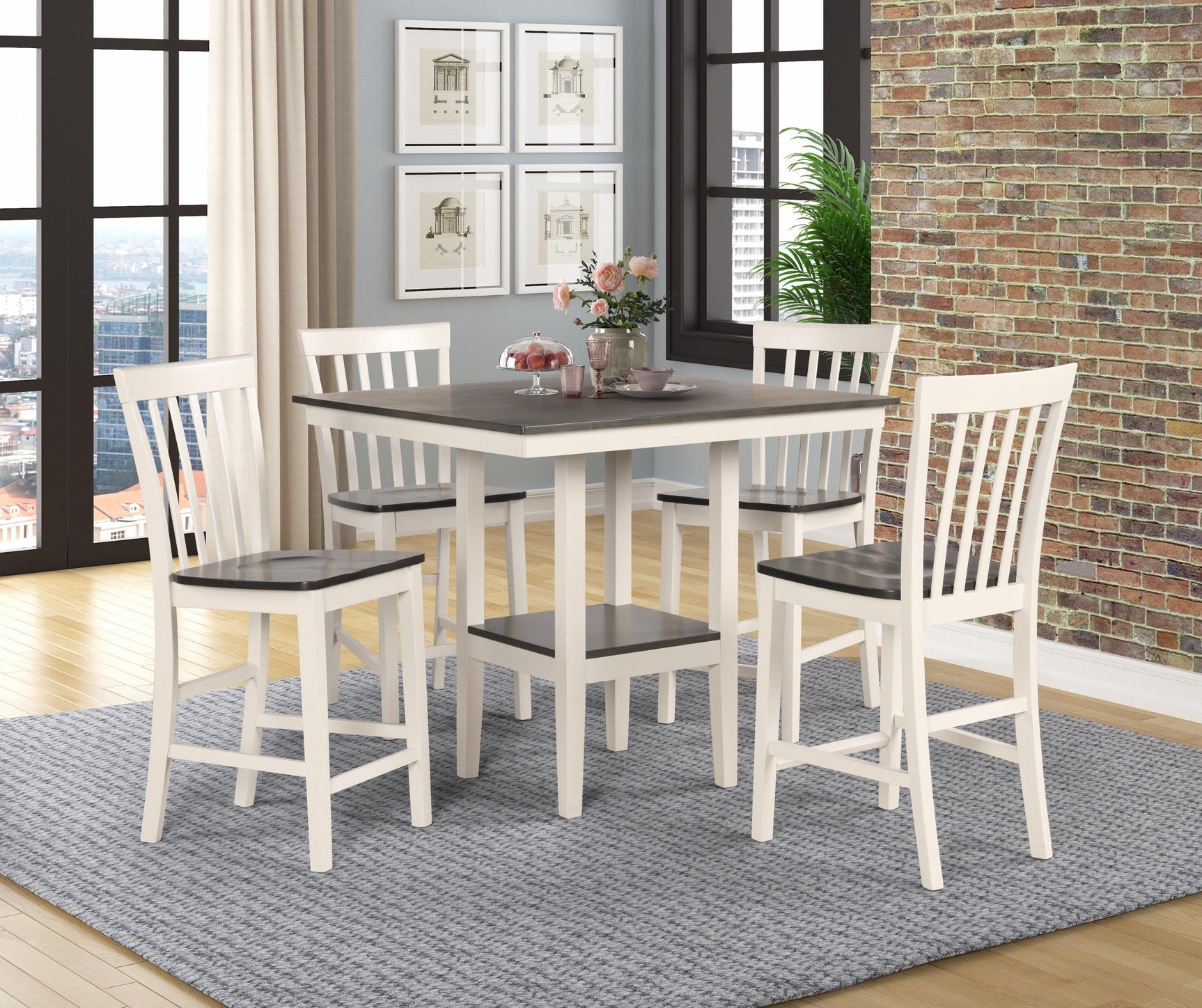 Broody White/Gray Traditional Modern Wood Square 5-Piece Counter Height Dining Room Set - Ella Furniture