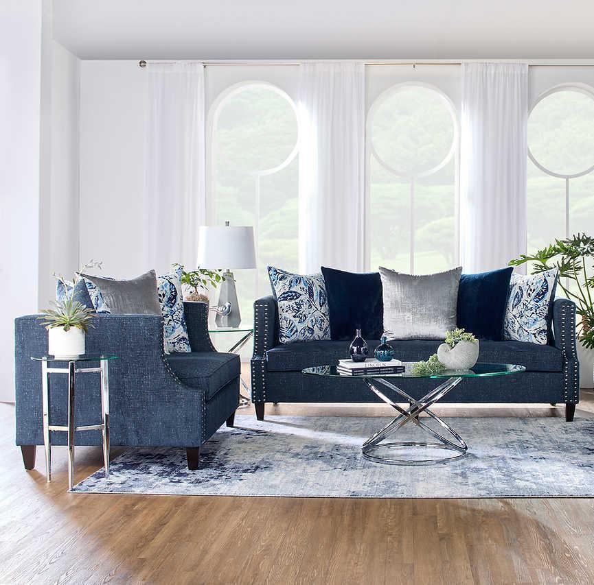 Simone Indigo Blue Modern Contemporary Solid Wood Fabric Upholstered Sofa&Loveseat - Ella Furniture
