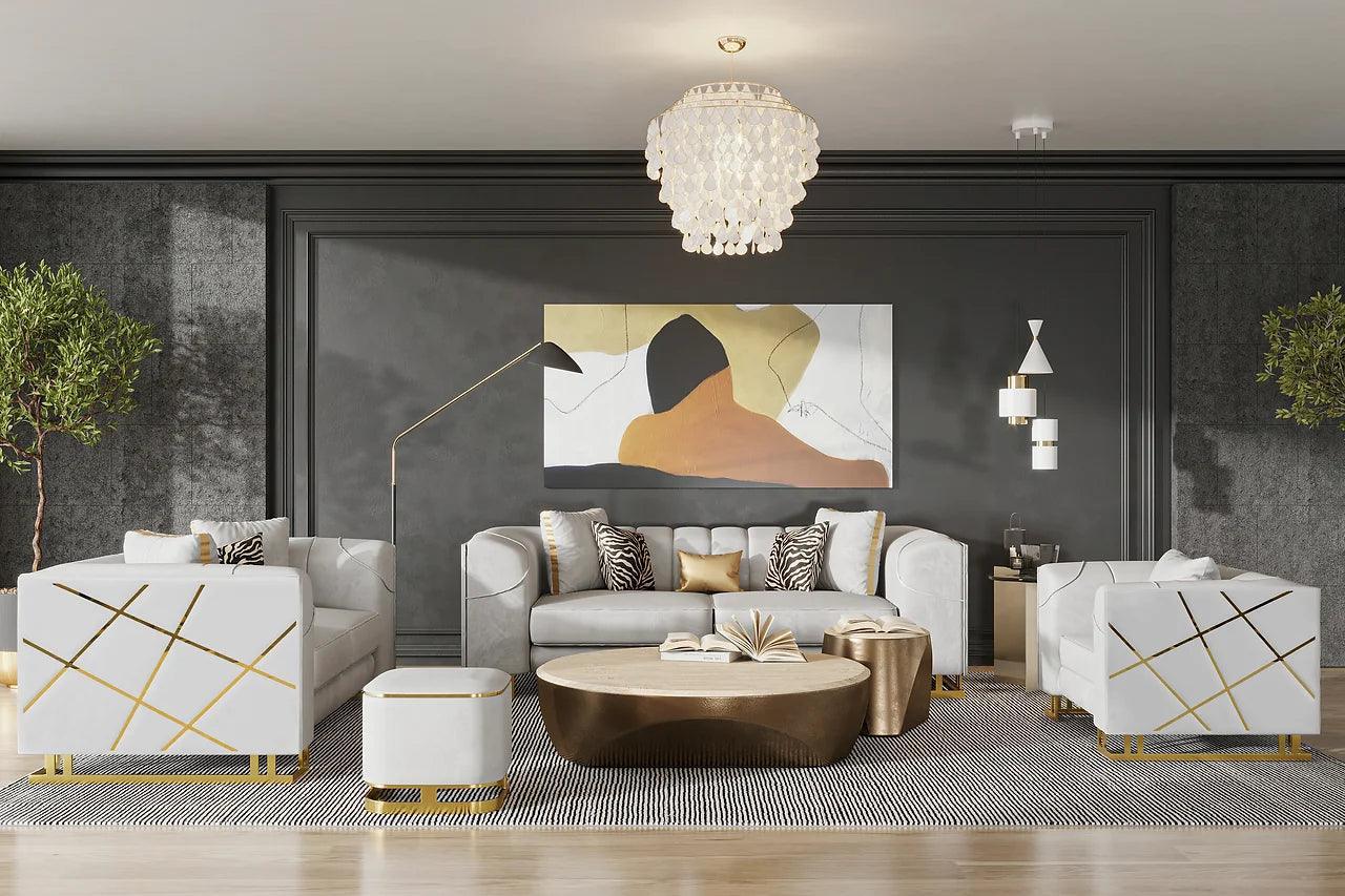 Designer Off-white with Gold Contemporary Wood, Engineered Wood Velvet Chair - Ella Furniture