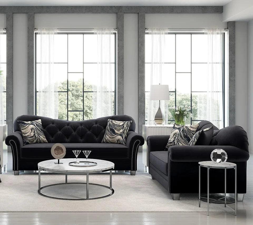 Bing Black Modern Contemporary Wood, Engineered Wood Velvet Tufted Sofa & Loveseat - Ella Furniture