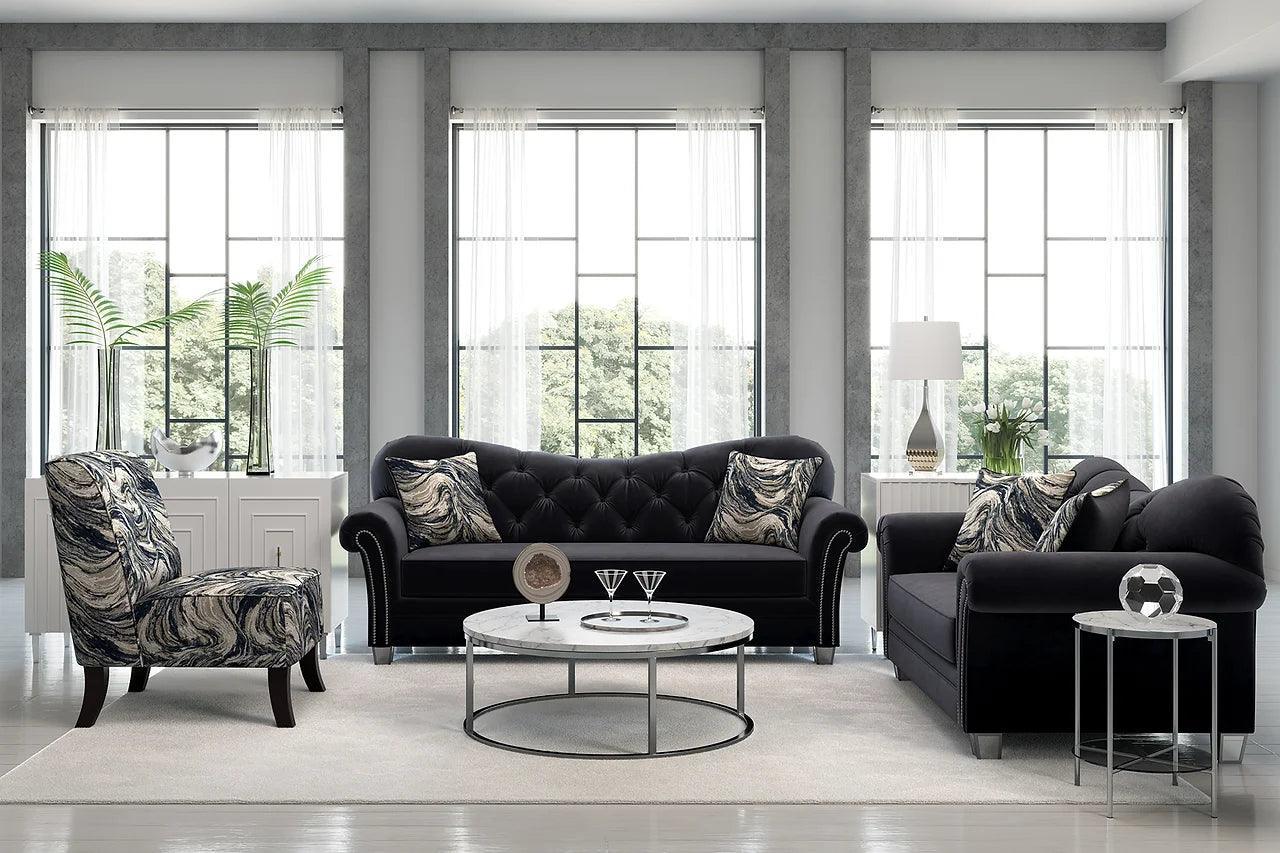 Bing Black Modern Contemporary Wood, Engineered Wood Velvet Tufted Loveseat - Ella Furniture