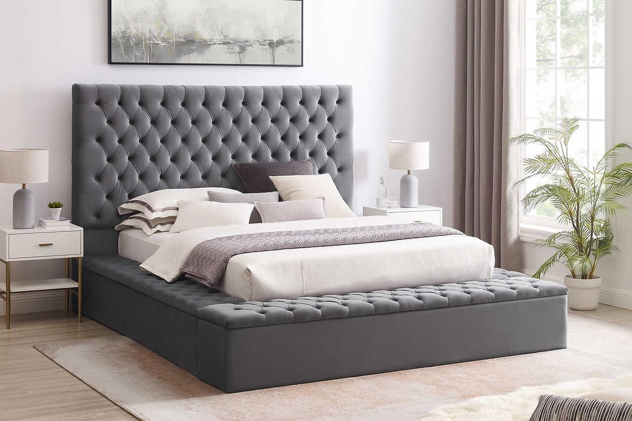 Cataline Grey Modern Contemporary Solid Wood Velvet Upholstered Tufted Storage Queen Bed - Ella Furniture
