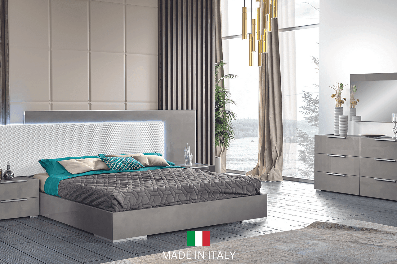 Fabiana Aspen Grey Modern Contemporary High Gloss Wood Eco Leather Italian Bedroom Set - Ella Furniture