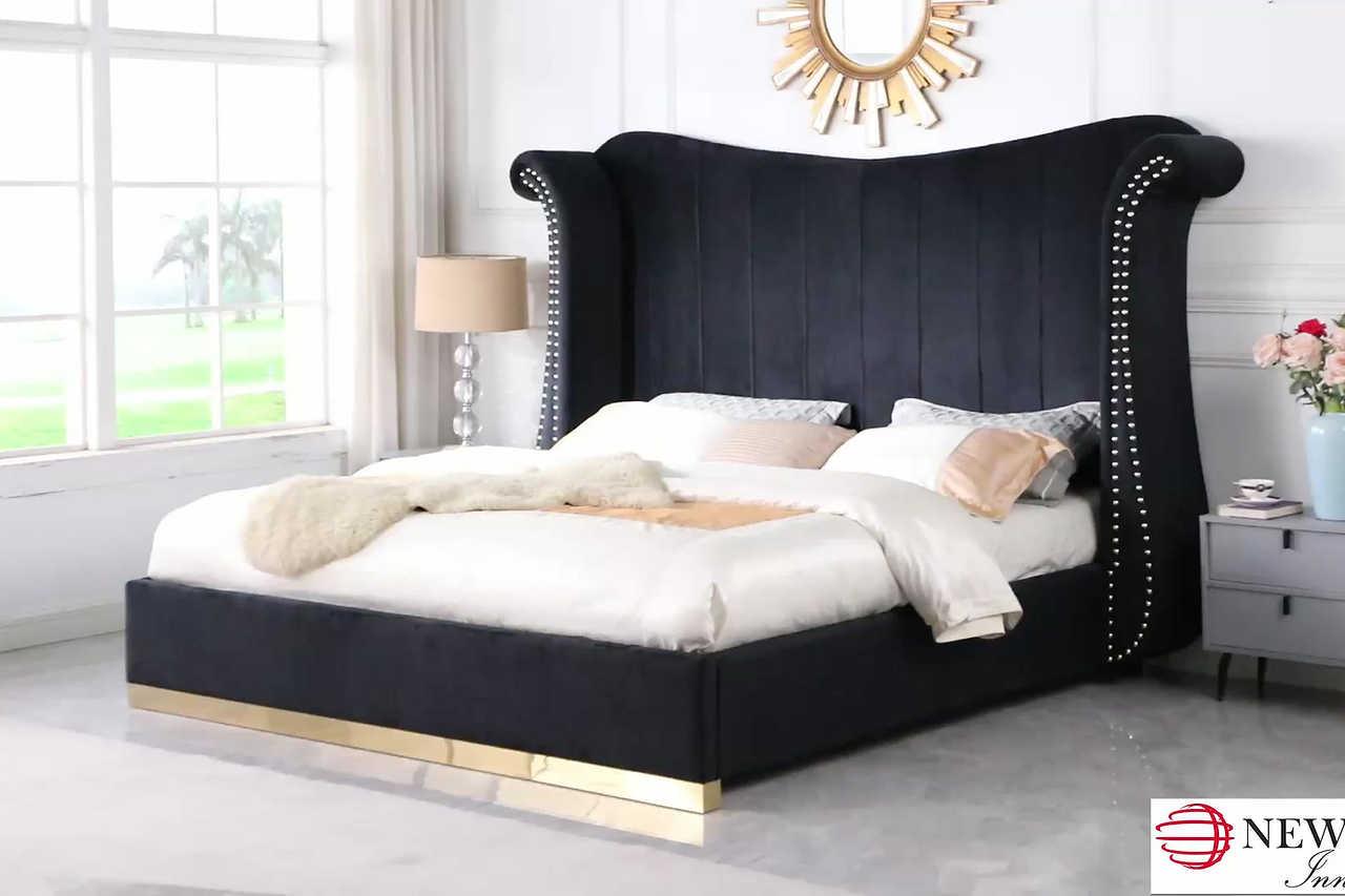 Luna Grey 66"H Modern Contemporary Solid Wood Velvet Upholstered King Bed - Ella Furniture
