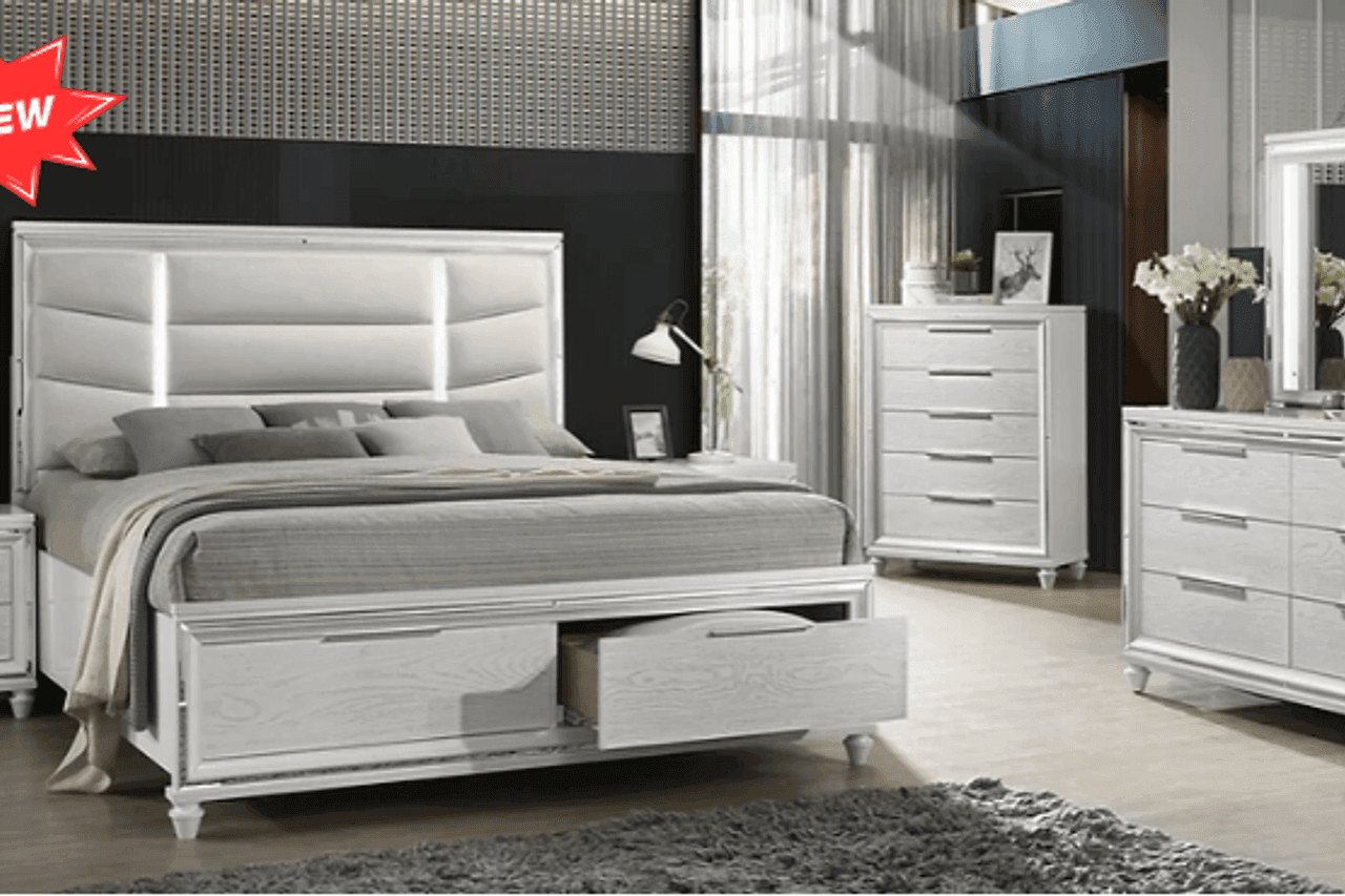 Paola White LED Upholstered Storage Platform Bedroom Set