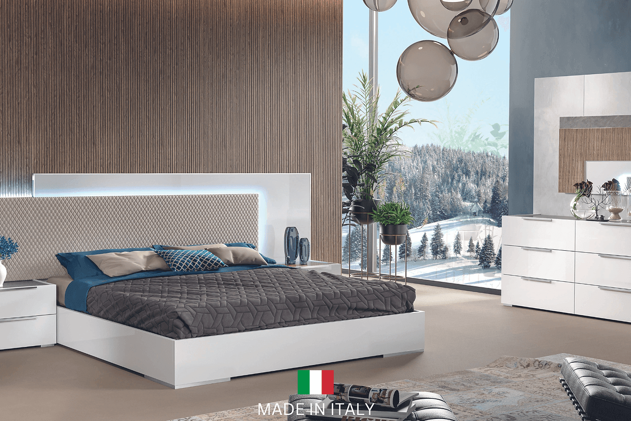 Fabiana White/Beige Modern Contemporary High Gloss Wood Eco Leather Italian Bedroom Set - Ella Furniture