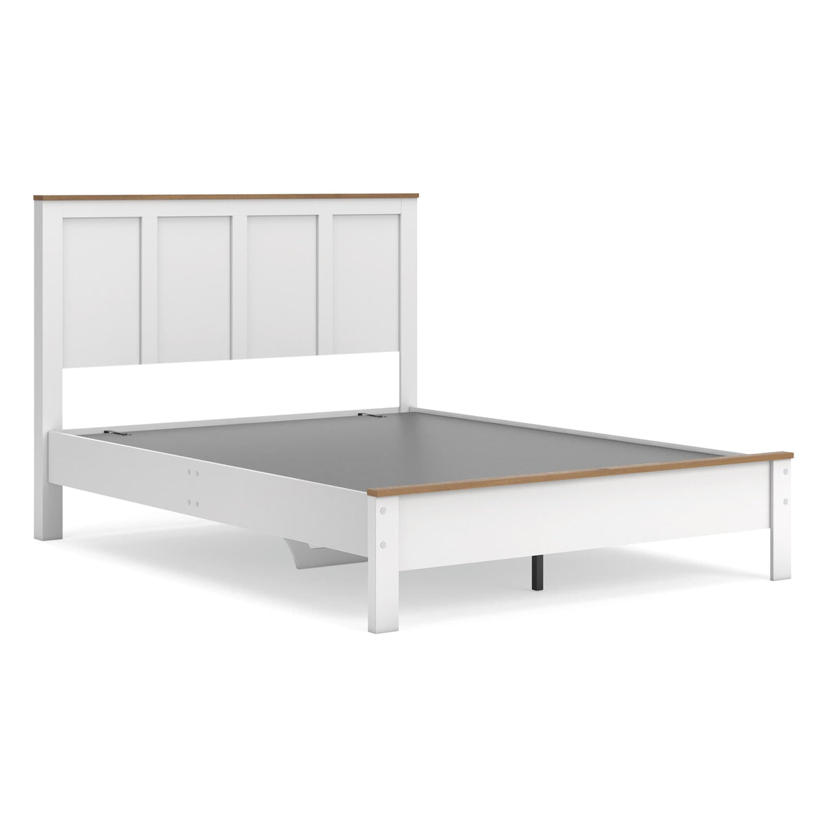 Kerisden White/Brown Queen Panel Complete Bed Frame — angled view