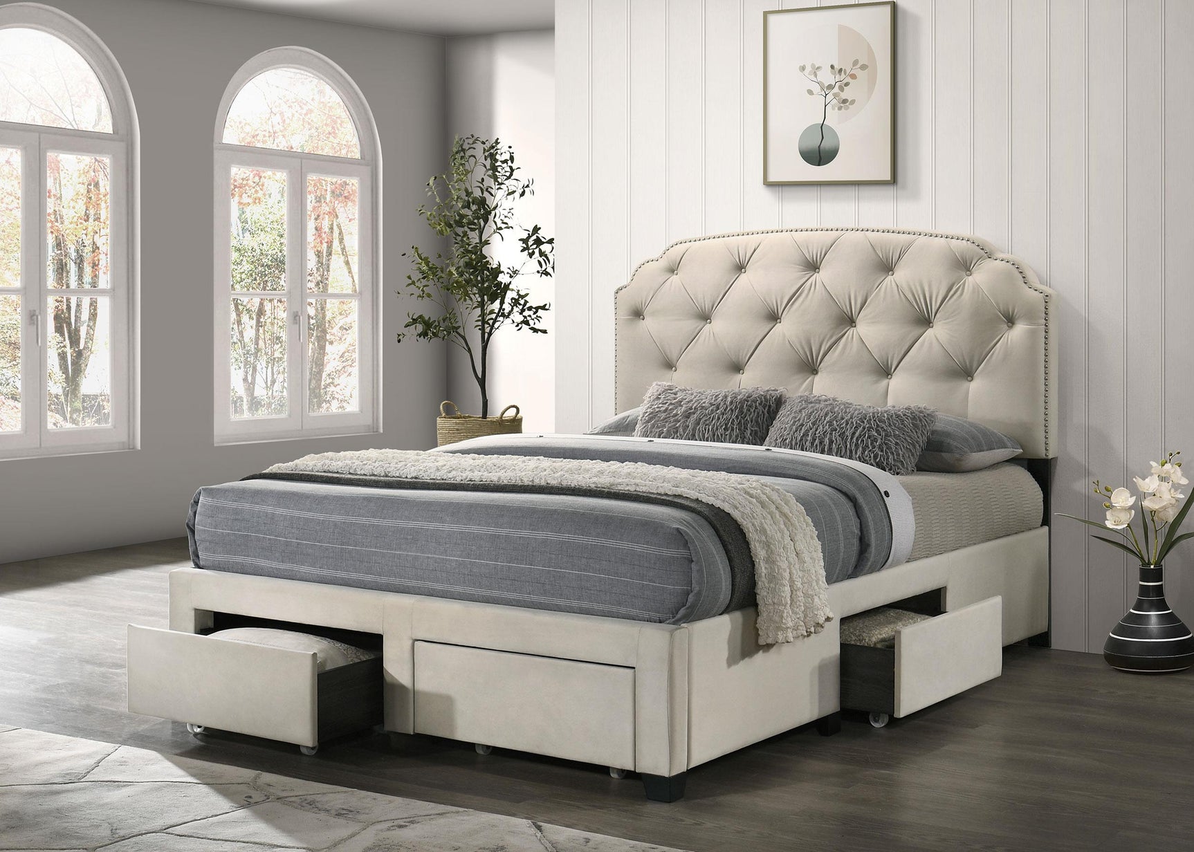 Marianna 4-drawer Upholstered Eastern King Storage Bed Cream