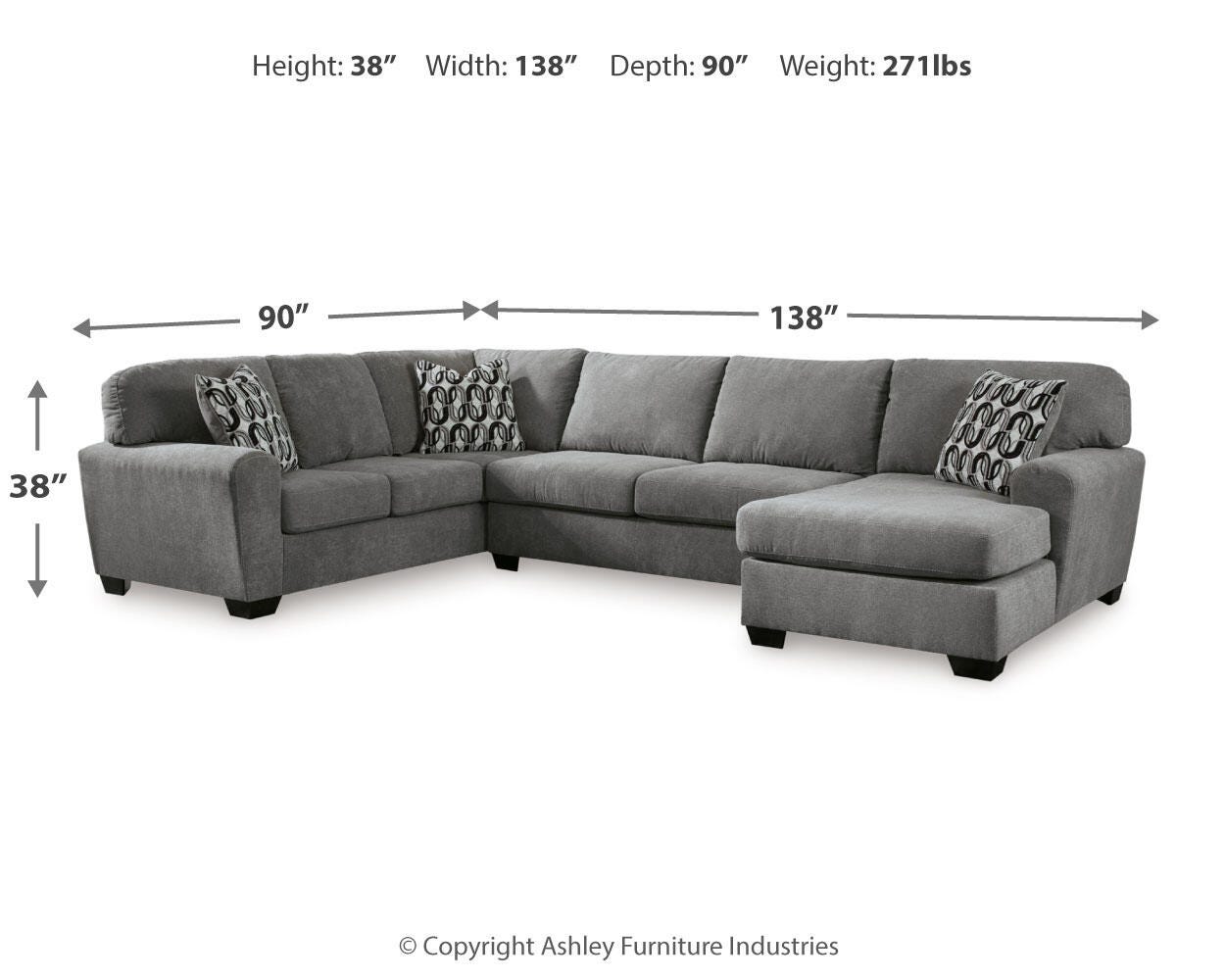 Birkdale Court Gray Chenille 3-Piece Sectional with Chaise dimension view