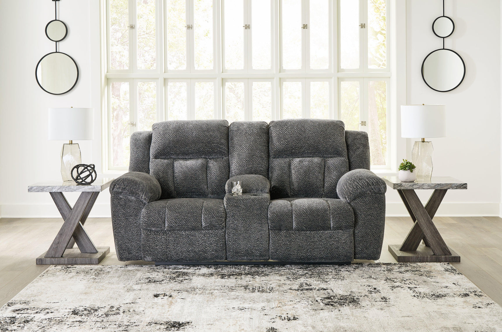 Frohn Graphite Chenille Reclining Loveseat with Console