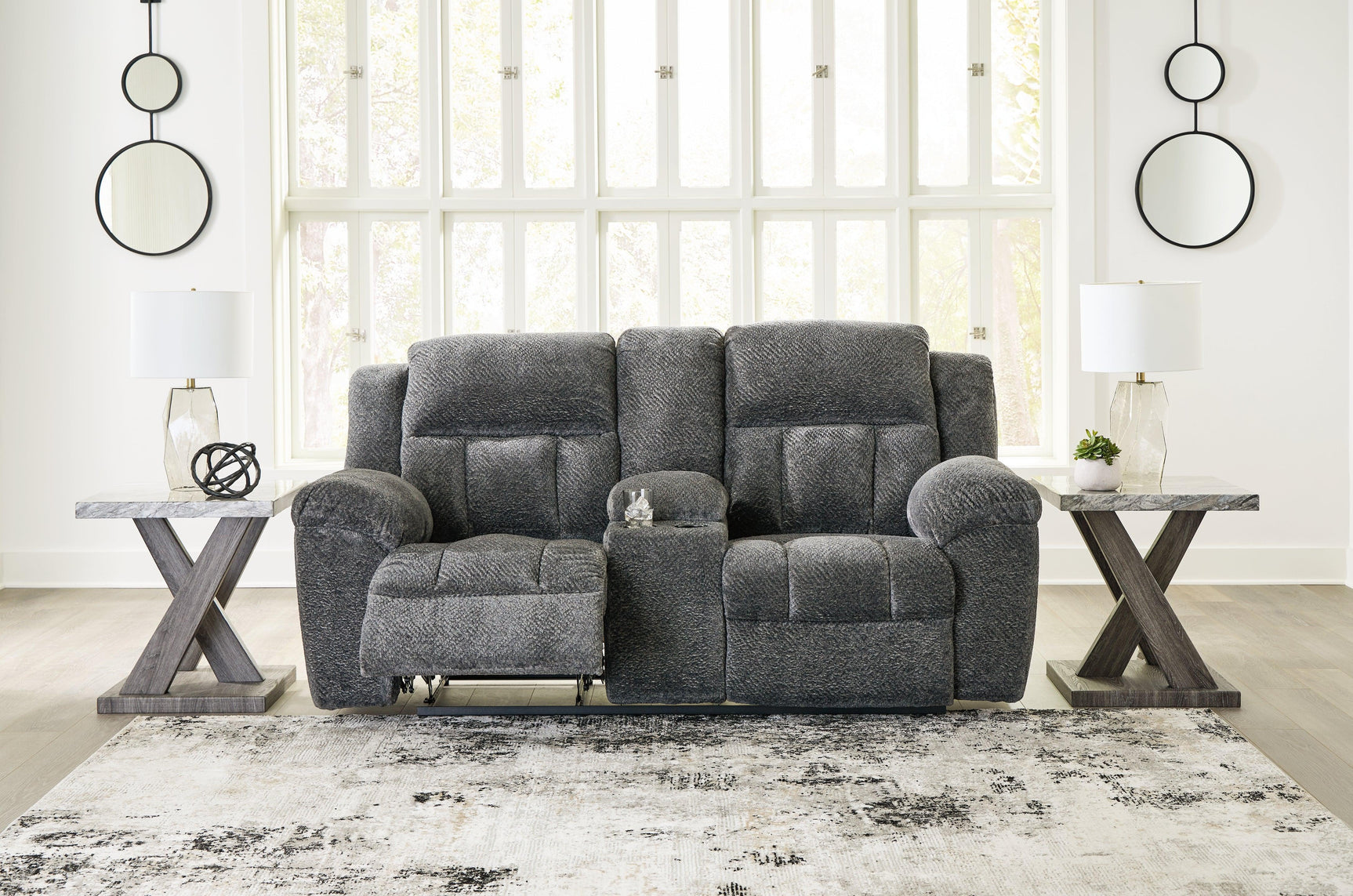 Frohn Graphite Chenille Reclining Loveseat with Console