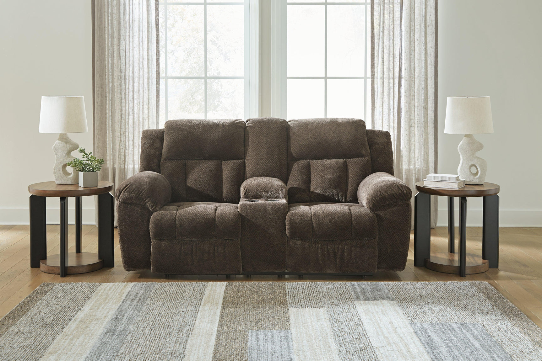 Frohn Chocolate Chenille Reclining Loveseat with Console