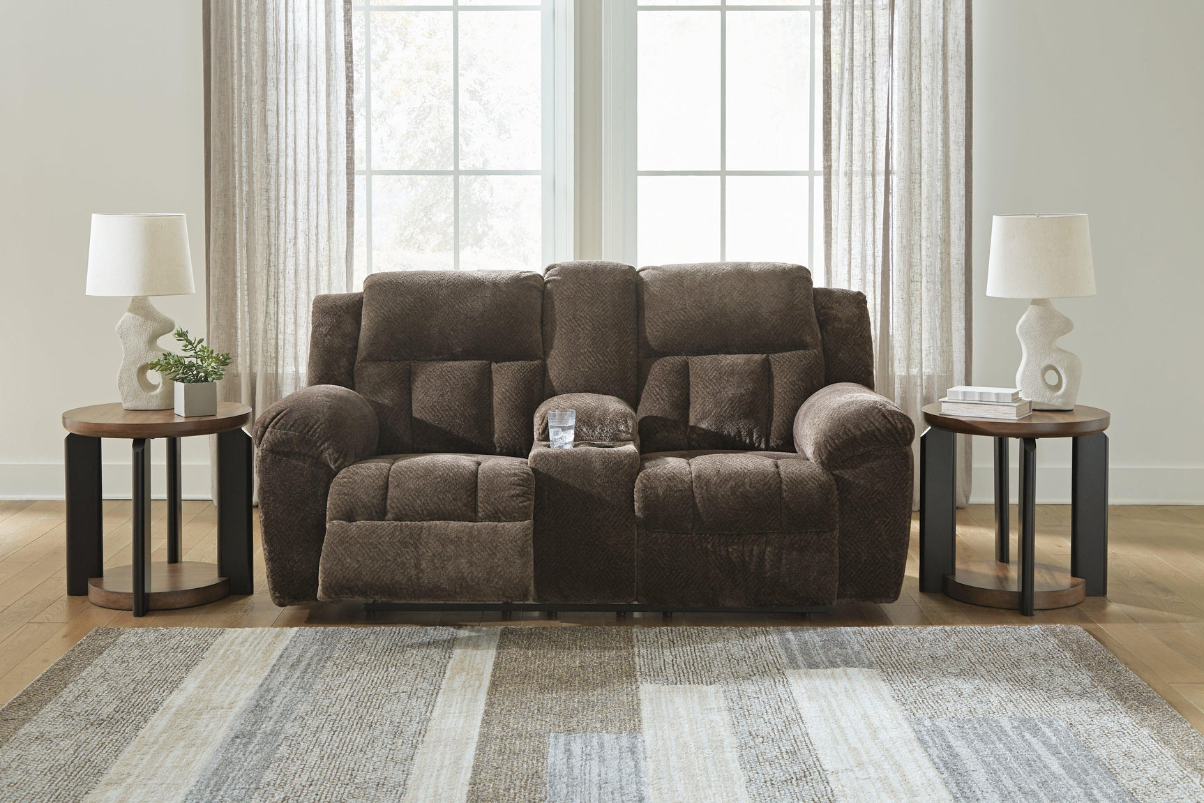 Frohn Chocolate Chenille Reclining Loveseat with Console