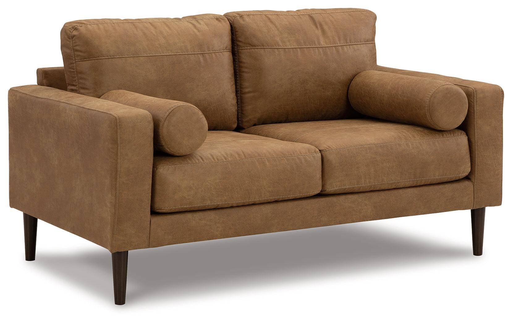 Telora Caramel Microfiber Loveseat - Ella Furniture