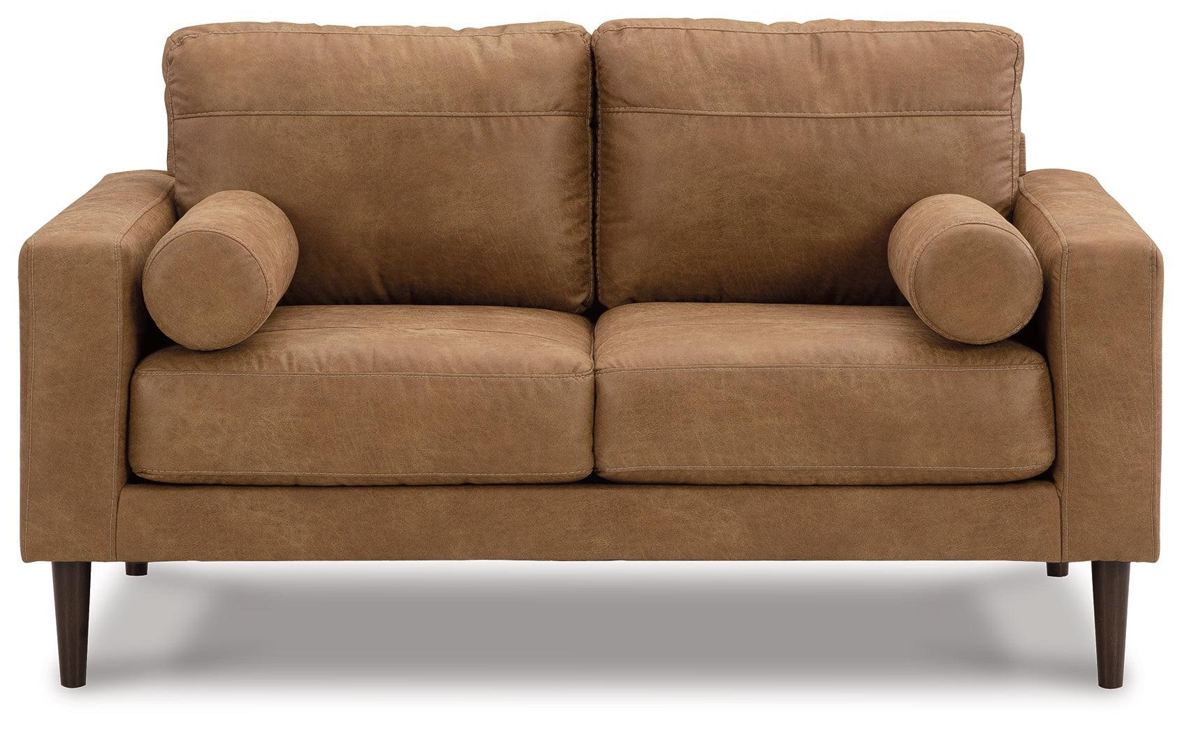 Telora Caramel Microfiber Loveseat - Ella Furniture