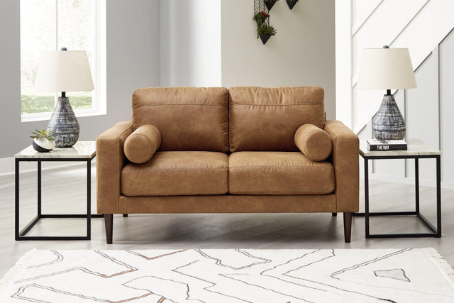 Telora Caramel Microfiber Loveseat - Ella Furniture