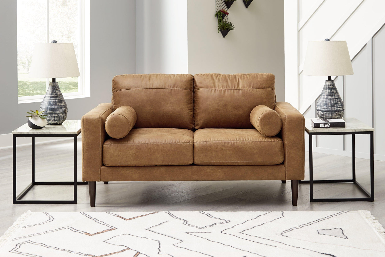 Telora Caramel Microfiber Loveseat - Ella Furniture