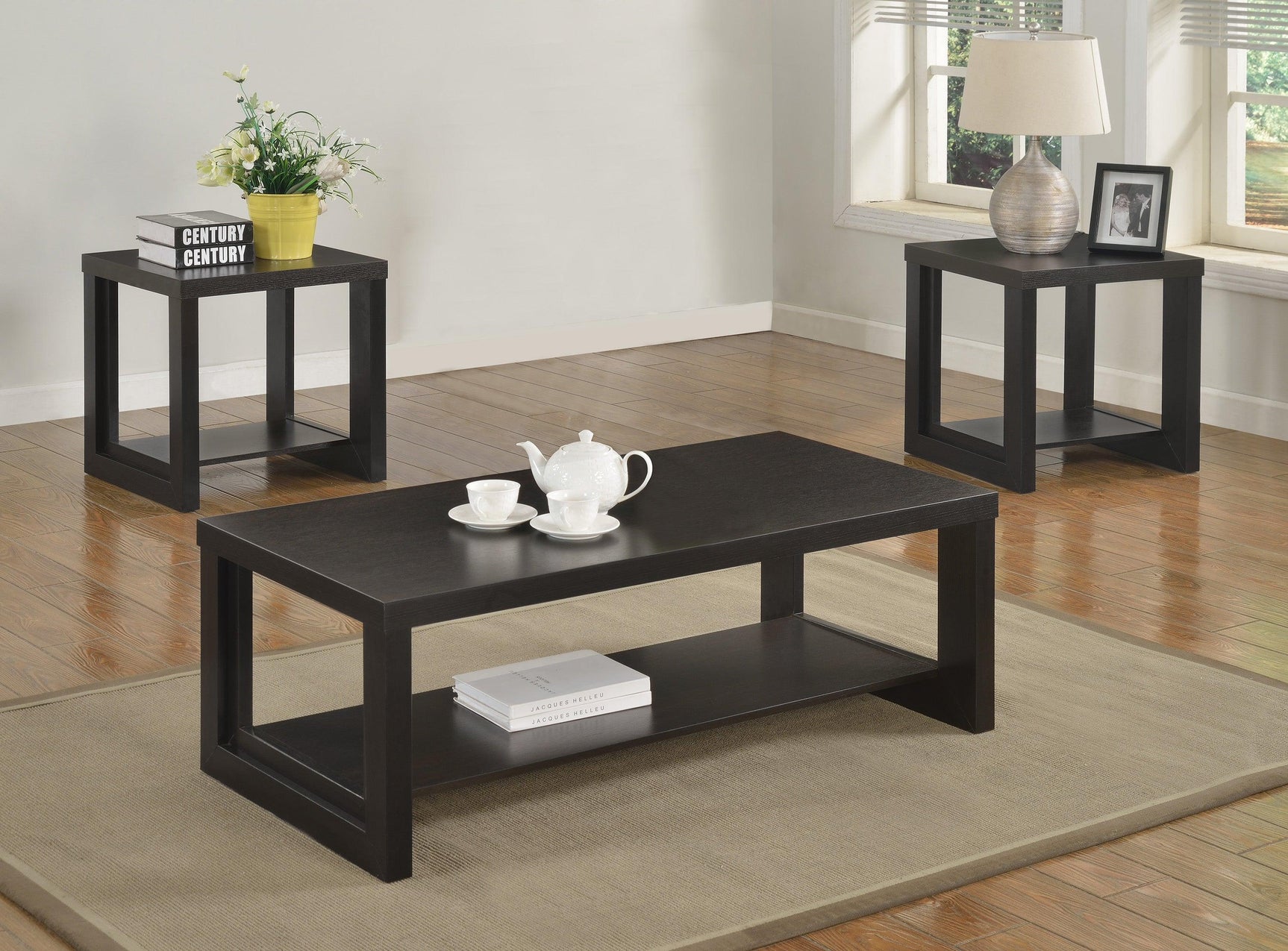 Audra Espresso 3-Piece Coffee Occasional Table Set, Wooden Frame Construction And Dark Brown Finish - Ella Furniture