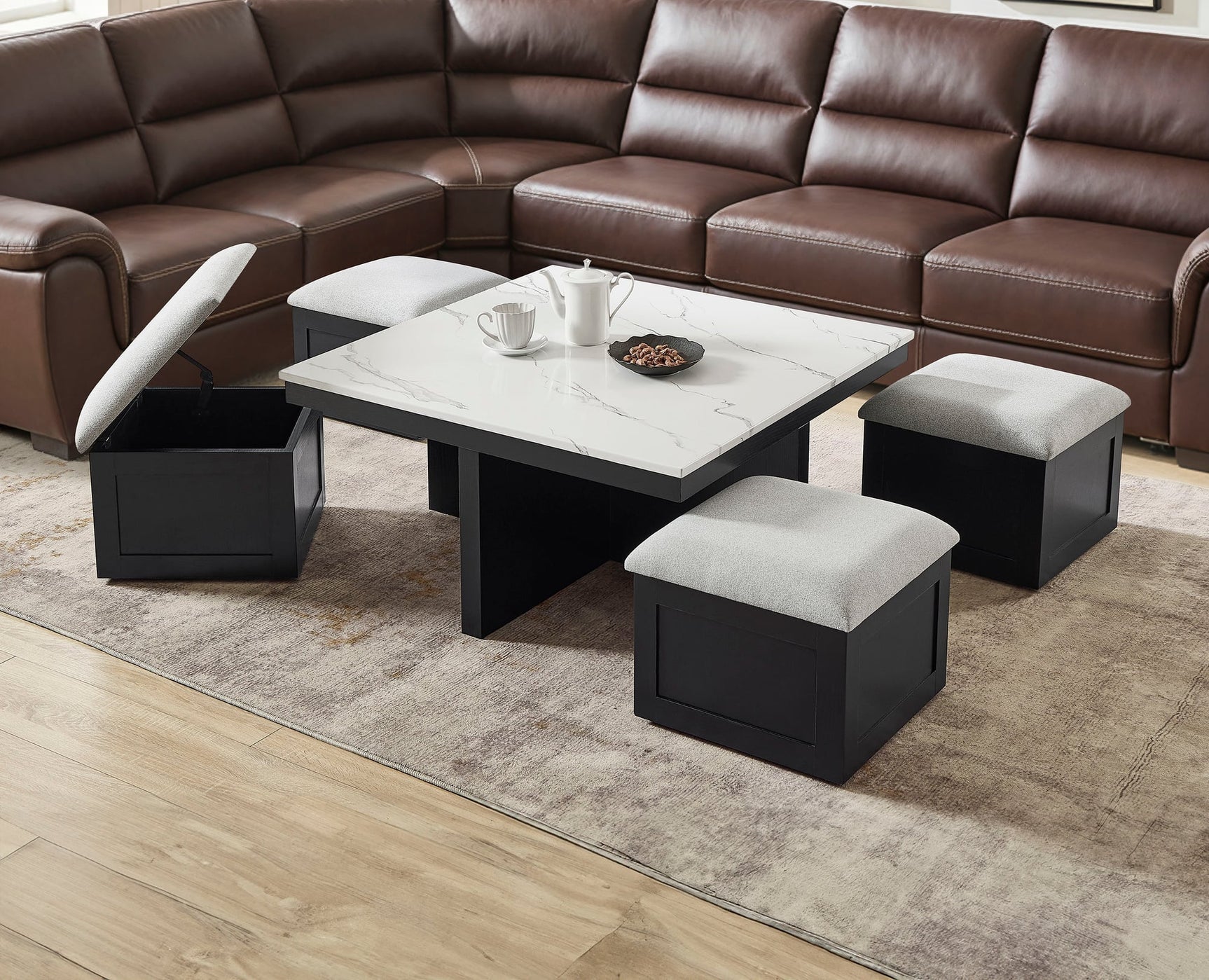 Marta Coffee Table with 4 Storage Ottomans from Ella Furniture