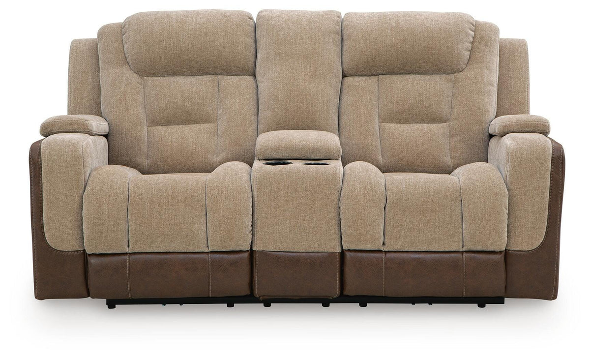 Mixed Motion Brownstone Chenille / Faux Leather Power Reclining Loveseat with Console — front view