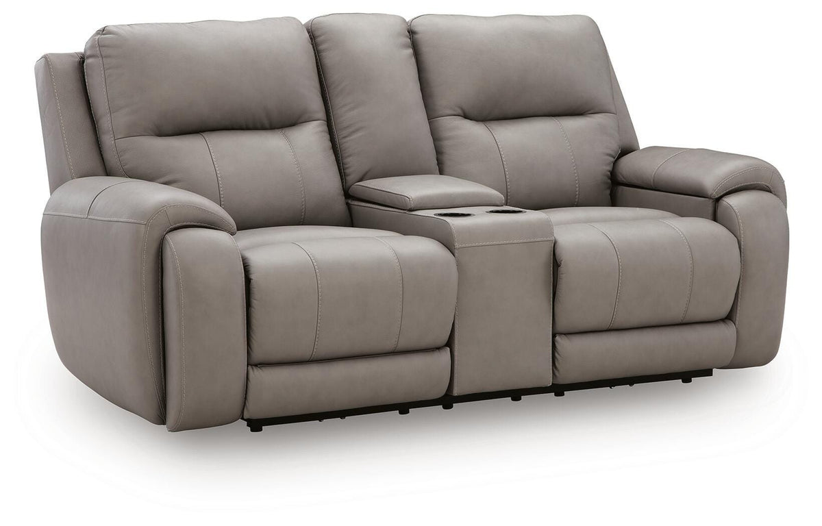 Real Moments Ash Leather Power Reclining Loveseat with Audio Seating — angled view