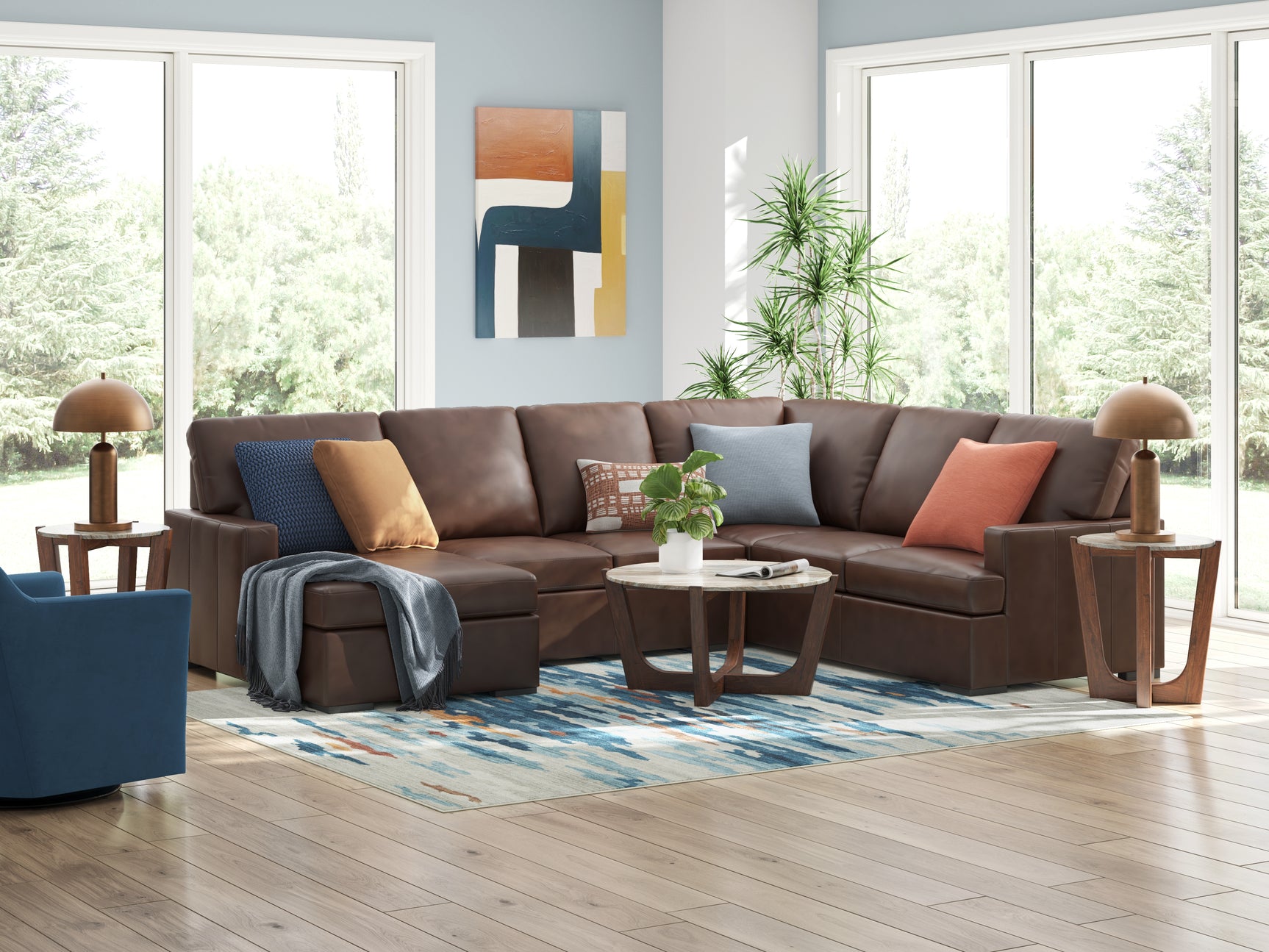 McDowlan Coffee Leather 3-Piece Sectional with Chaise
